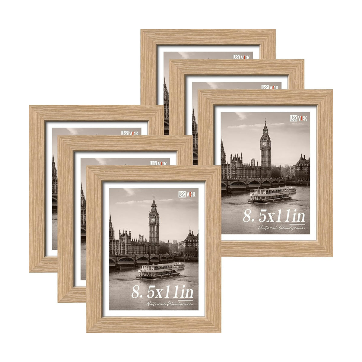 VCK 8.5 by 11 Picture Frame Set of 6, Elegant Oak Wood Photo Frame | 1.1in Wide Border, Tabletop/Wall Hanging, HD