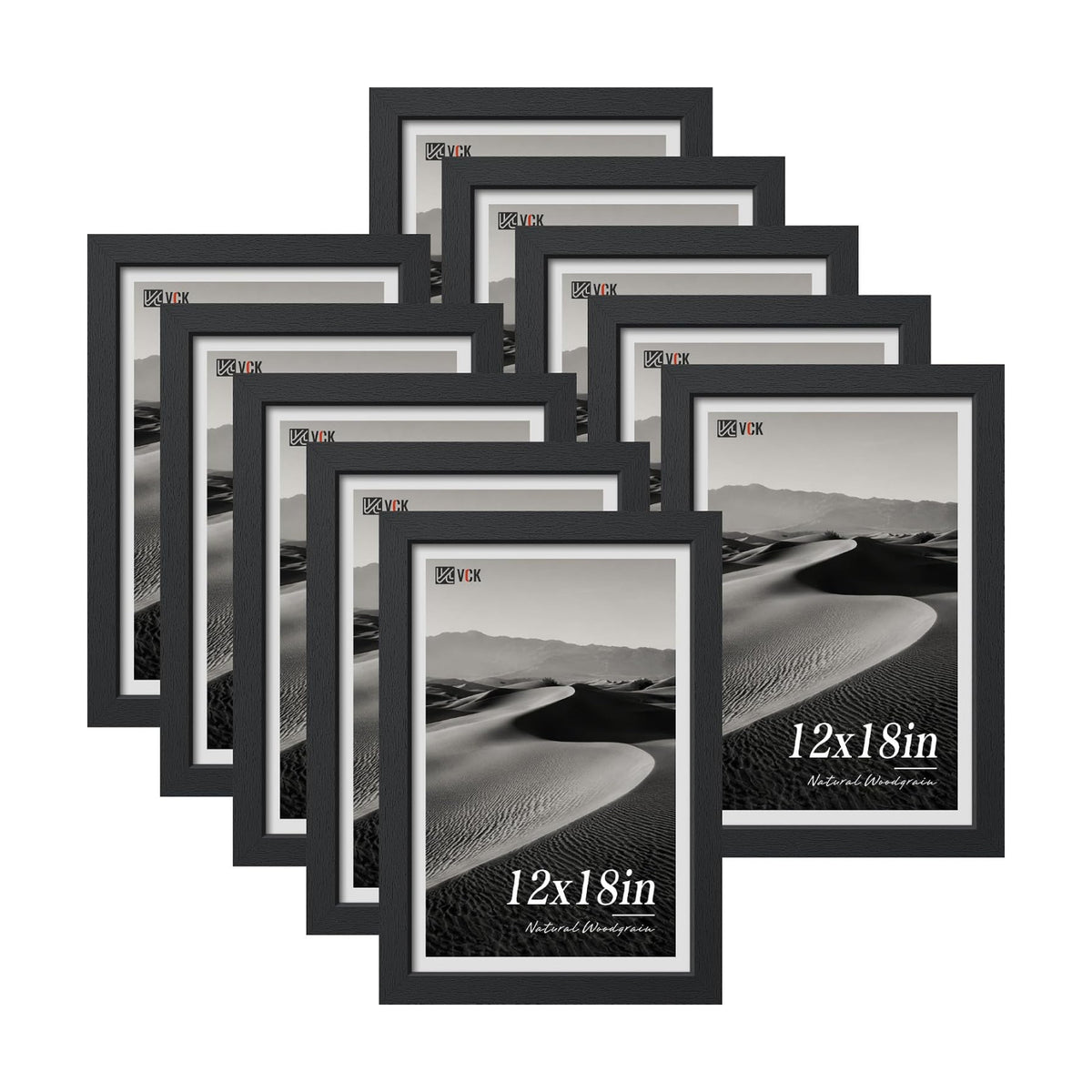 VCK 12x18 Picture Frame Set of 10 - Black, Wide Border Solid Wood Frame, Display Pictures in Horizontal and Vertical
