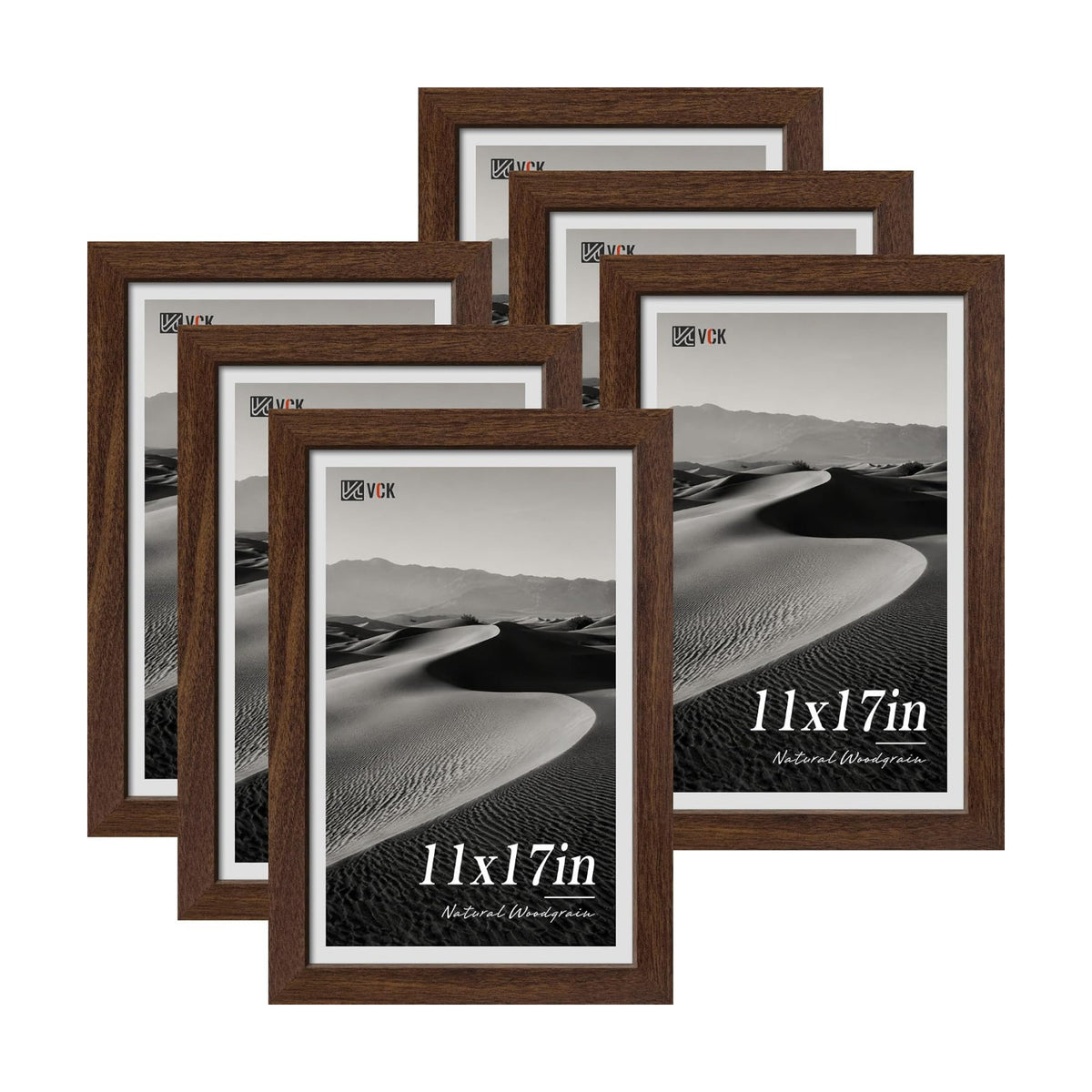 VCK 11x17 Picture Frame Set of 6, Elegant Brown Wood Prints Frame | 1.1in Wide Border, Wall Hanging, HD Plexiglass