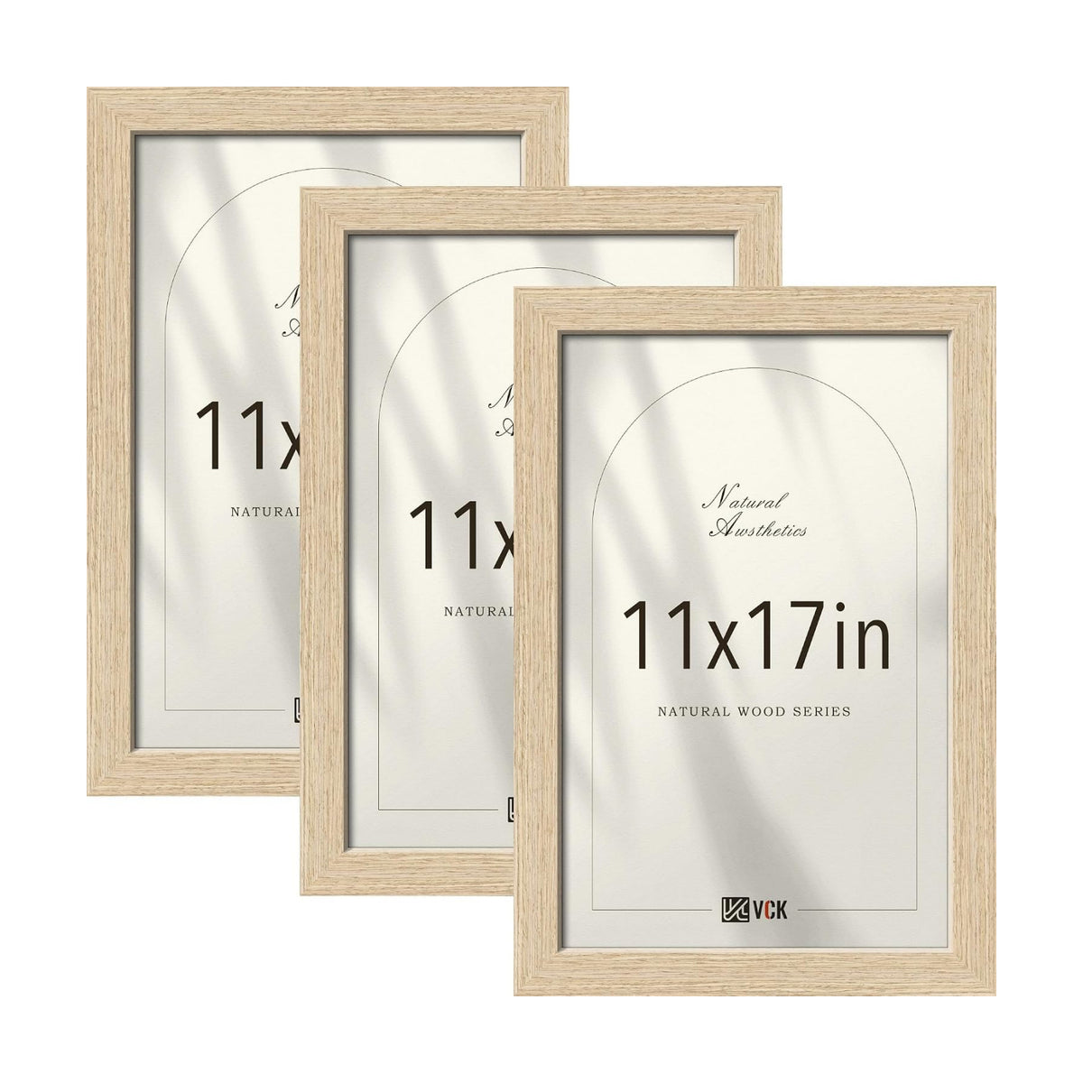 VCK 11x17 Picture Frames Set of 3, Natural Oak Woodgrain, Wall Hanging | Wide Border, Exclusive Woodgrain, Shatterproof