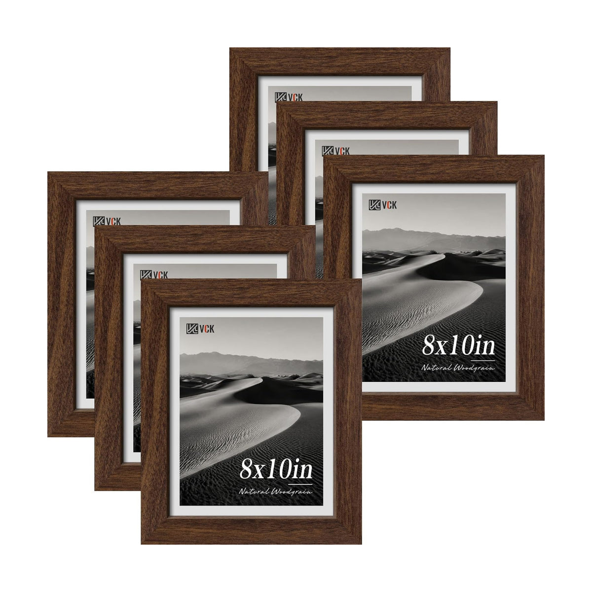 VCK 8x10 Picture Frame Set of 6, Elegant Brown Wood Portrait Frame | 1.1in Wide Border, Tabletop/Wall Hanging, HD