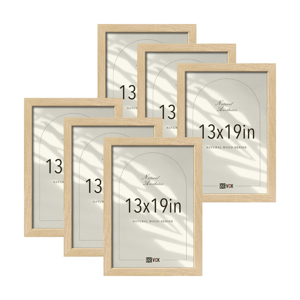 VCK 13x19 Picture Frames Set of 6, Natural Solid Wood, Wall Hanging | Wide Border, Light Woodgrain, Shatterproof