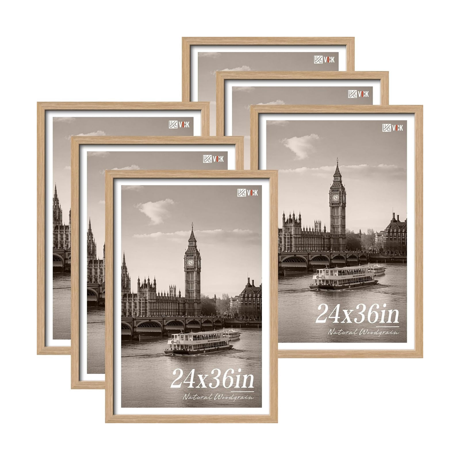 VCK 24x36 Poster Frame Set of 6, Elegant Oak Wood Picture Frame | 1.1in Wide Border, Wall Hanging, HD Plexiglass