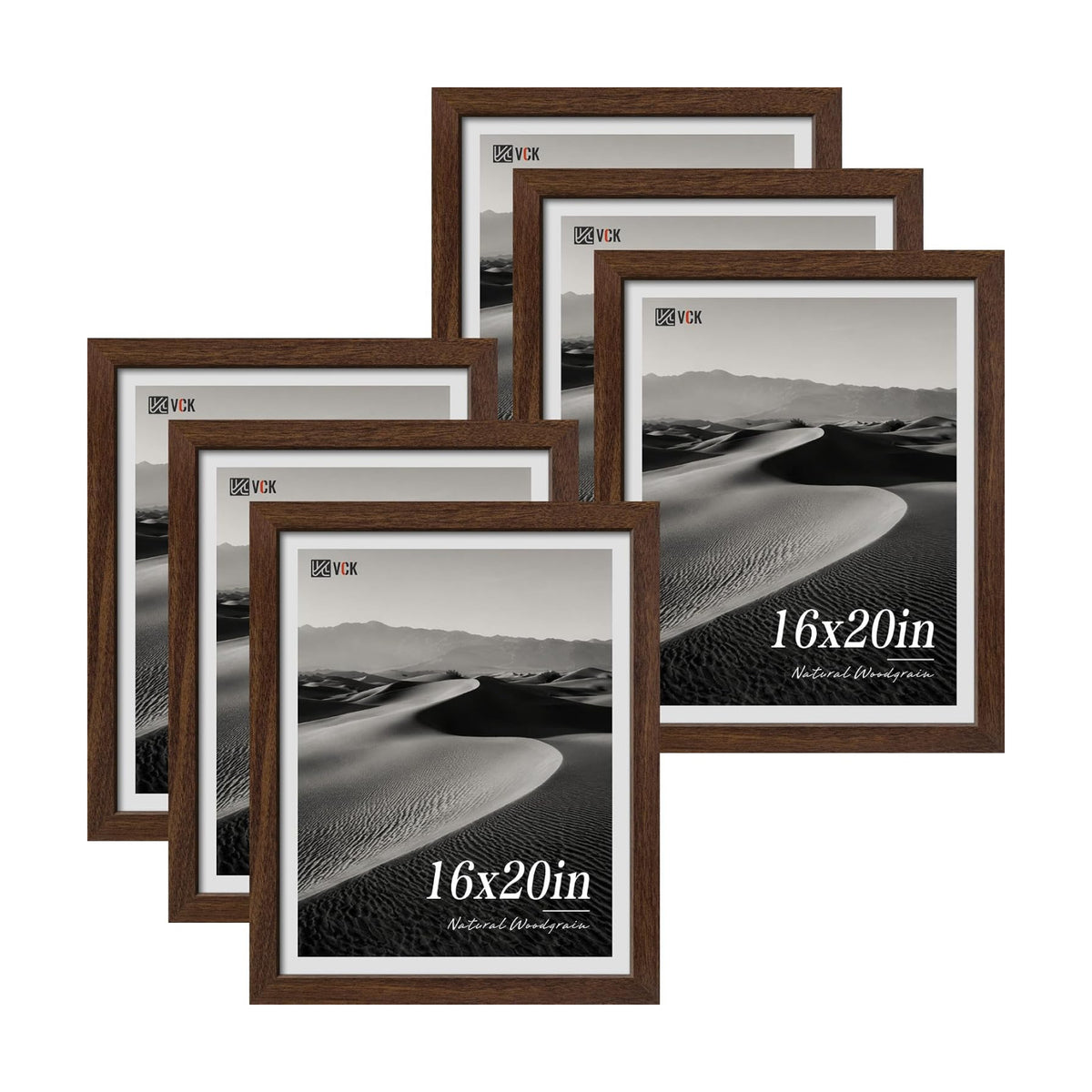 VCK 16x20 Frames Set of 6, Elegant Brown Wood Poster Frame | 1.1in Wide Border, Wall Hanging, HD Plexiglass