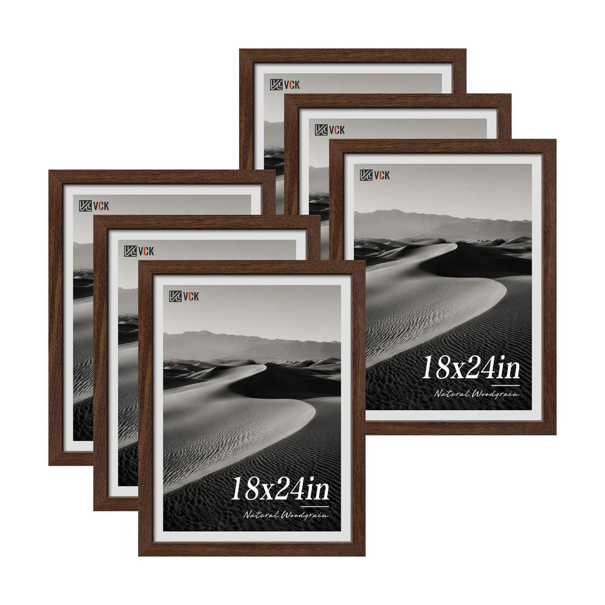 VCK 18x24 Frame Set of 6, Elegant Brown Wood Poster Frame | 1.1in Wide Border, Wall Hanging, HD Plexiglass