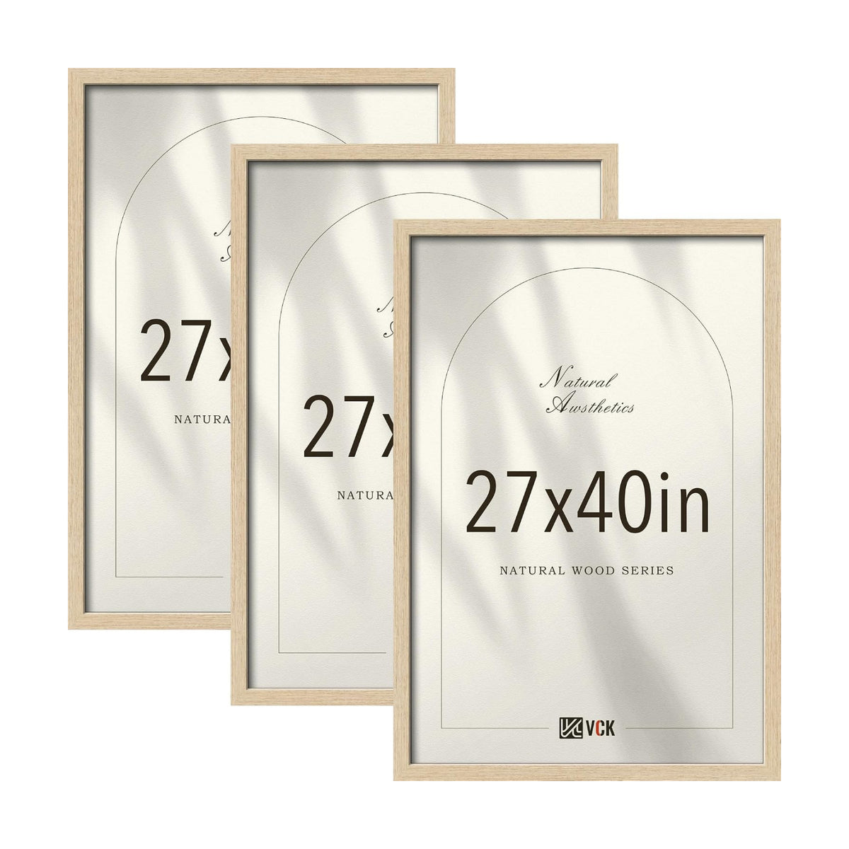VCK 27x40 Inch Poster Frame Set of 3, Natural Woodgrain, Wall Hanging | Wide Border, Exclusive Woodgrain, Shatterproof
