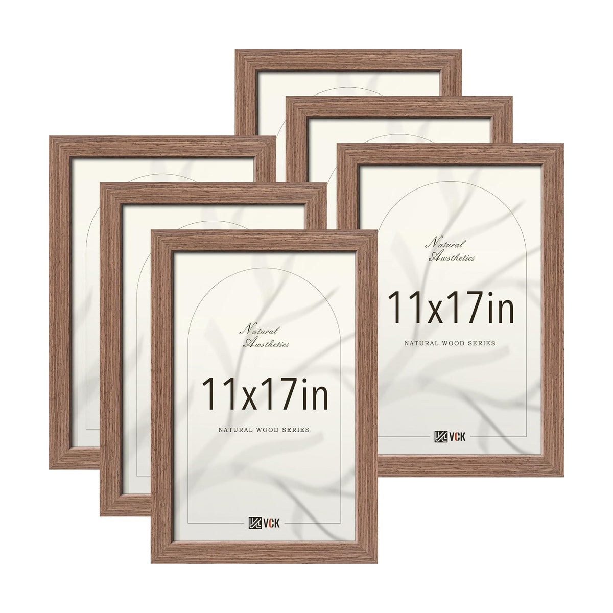 VCK 11x17 Picture Frame Set of 6, Elegant Walnut Wood Prints Frame | 1.1in Wide Border, Wall Hanging, HD Plexiglass