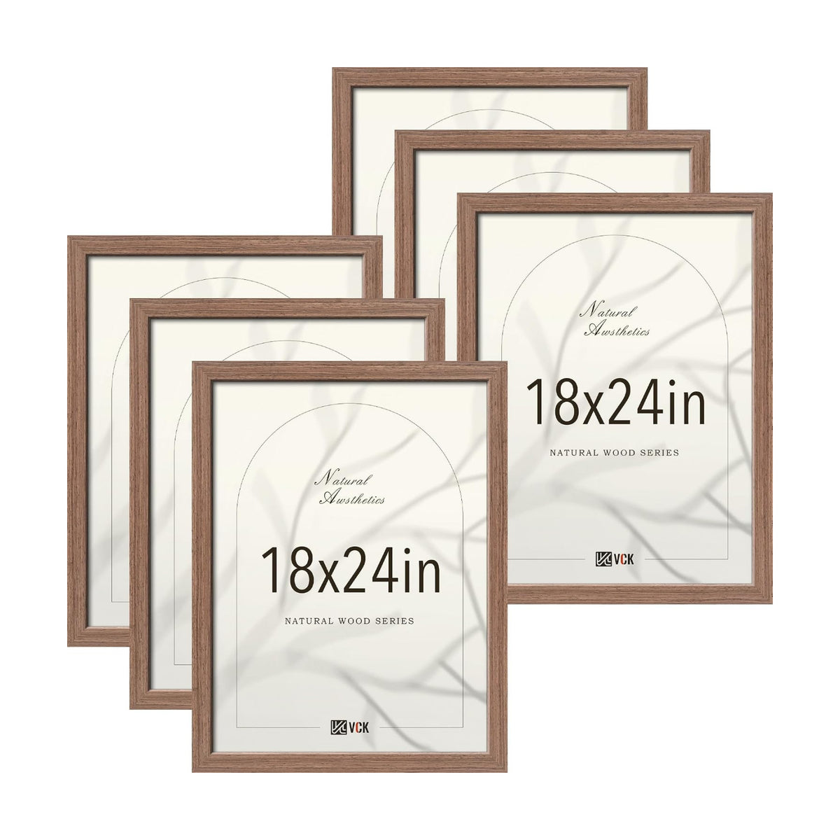 VCK 18x24 Frame Set of 6, Elegant Walnut Wood Poster Frame | 1.1in Wide Border, Wall Hanging, HD Plexiglass
