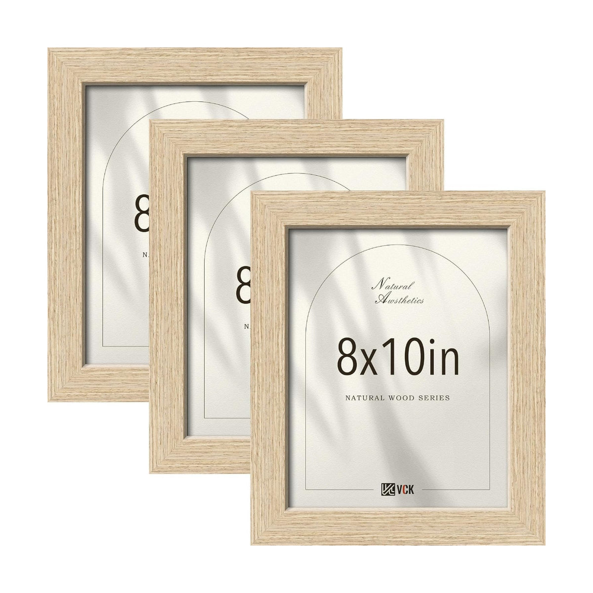 VCK 8x10 Picture Frames Set of 3, Oak Woodgrain, Wall & Tabletop Display | Wide Border, Natural Woodgrain, Shatterproof