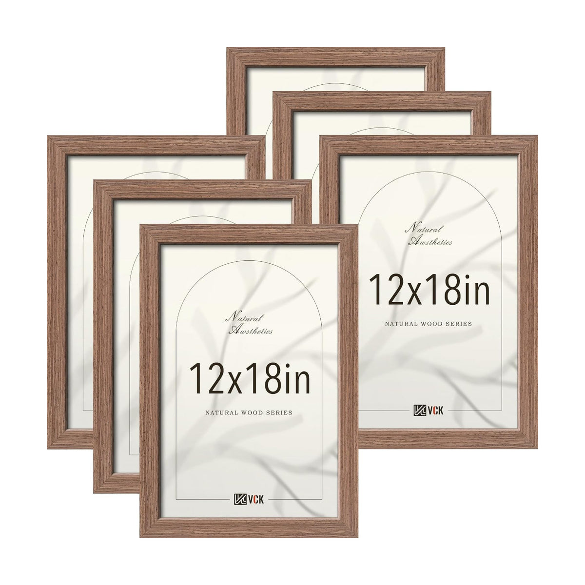 VCK 12x18 Frames Set of 6, Elegant Walnut Wood Picture Frame | 1.1in Wide Border, Wall Hanging, HD Plexiglass