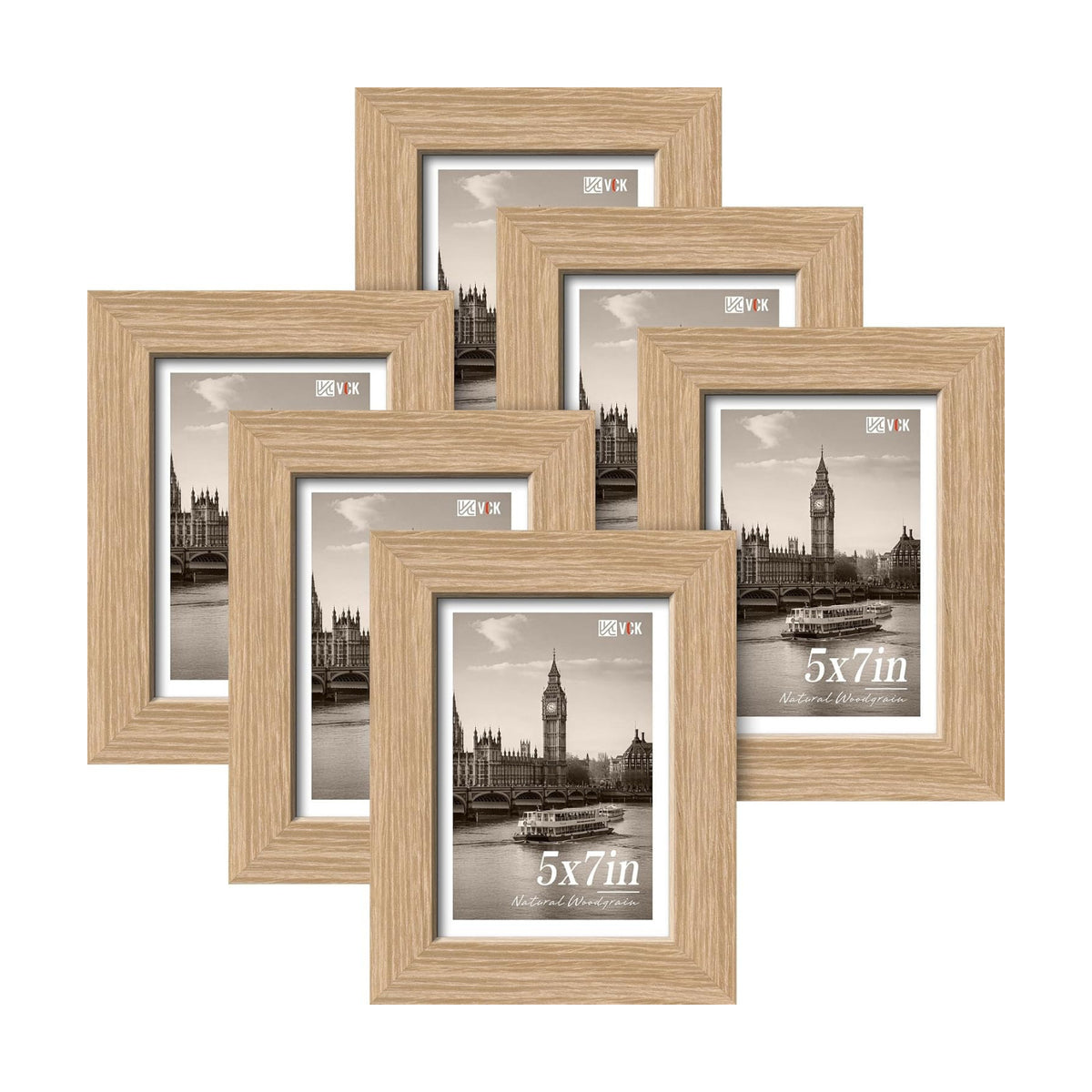 VCK 5x7 Picture Frame Set of 6, Elegant Oak Wood Portrait Frame | 1.1in Wide Border, Tabletop/Wall Hanging, HD