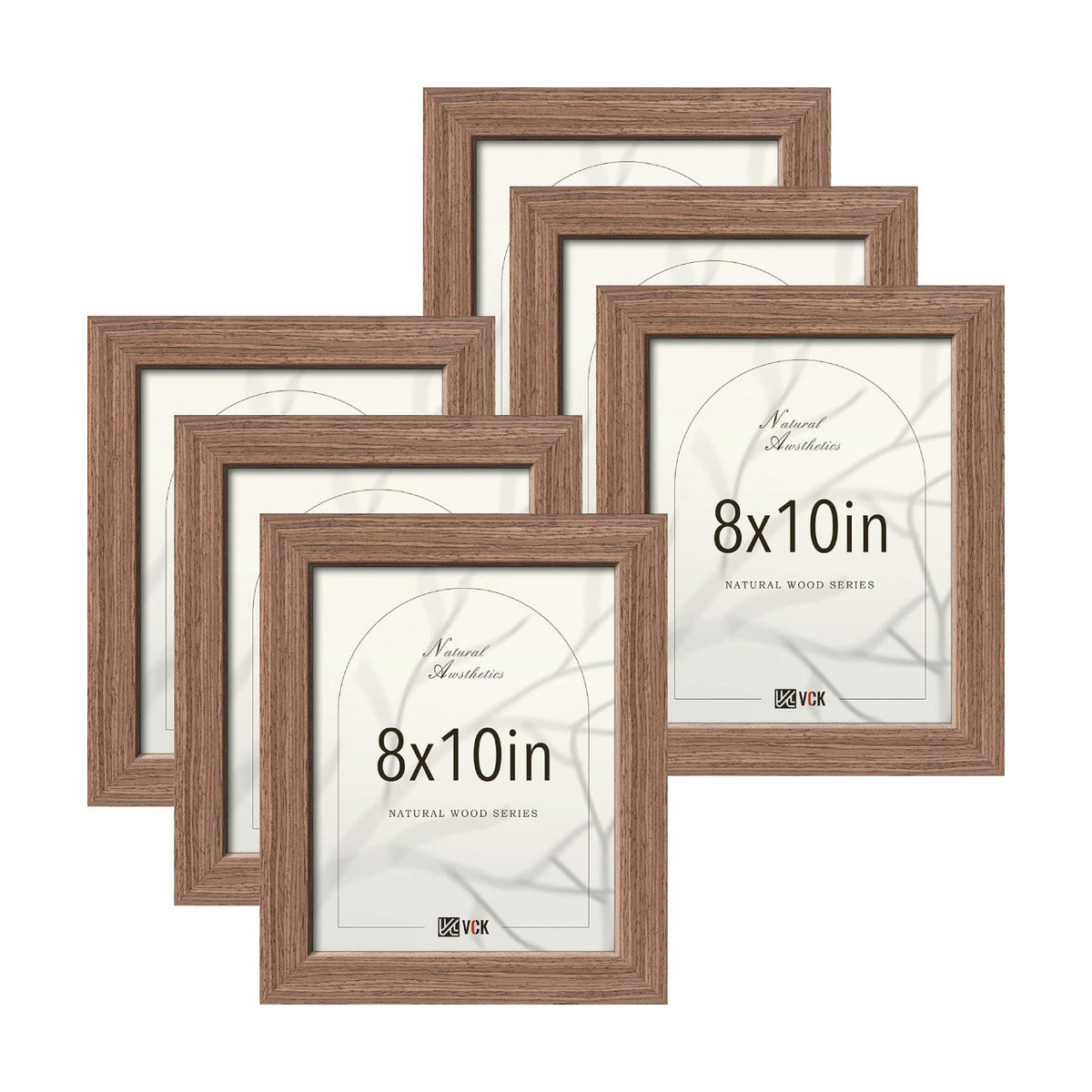 VCK 8x10 Picture Frame Set of 6, Elegant Walnut Wood Portrait Frame | 1.1in Wide Border, Tabletop/Wall Hanging, HD