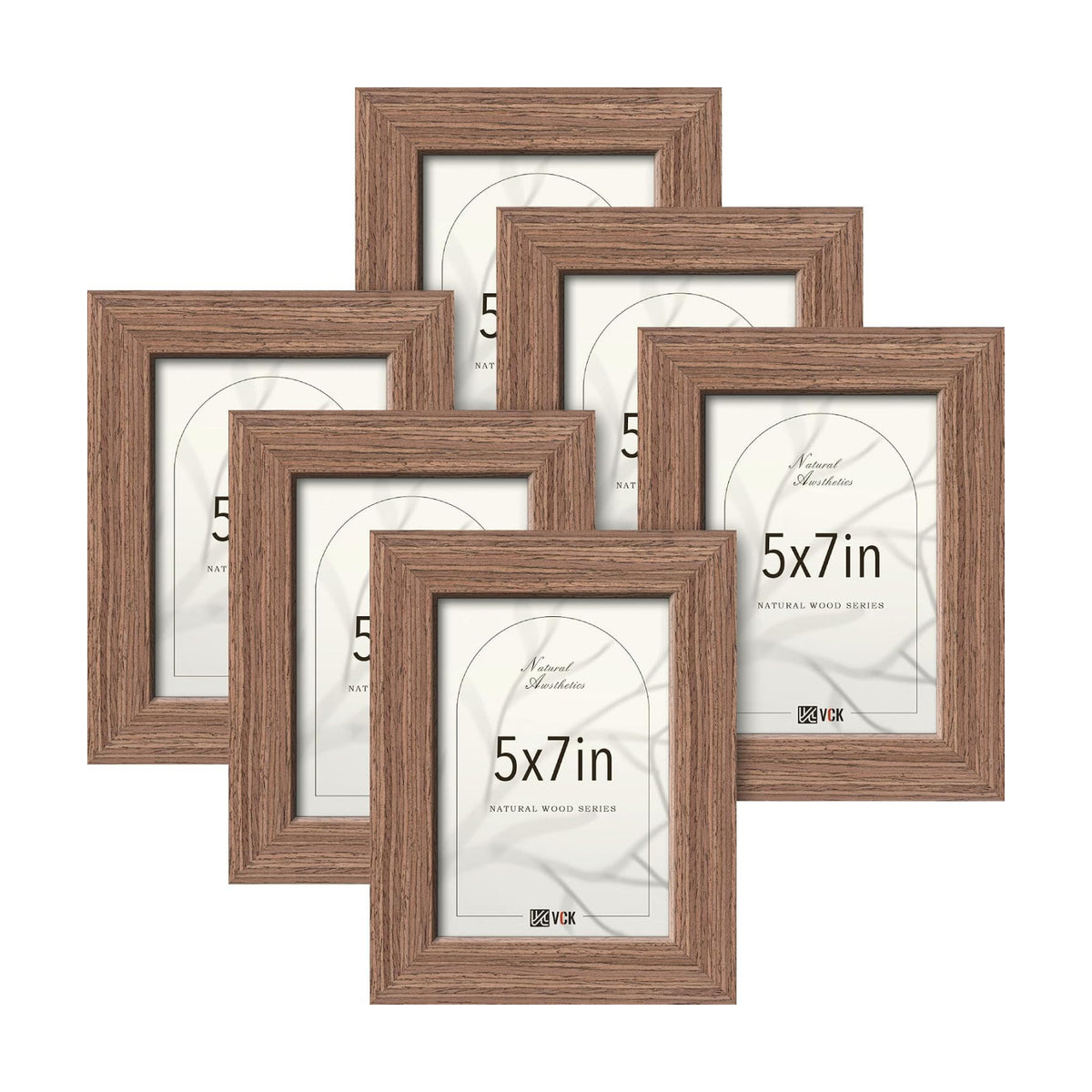 VCK 5x7 Picture Frame Set of 6, Elegant Walnut Wood Portrait Frame | 1.1in Wide Border, Tabletop/Wall Hanging, HD