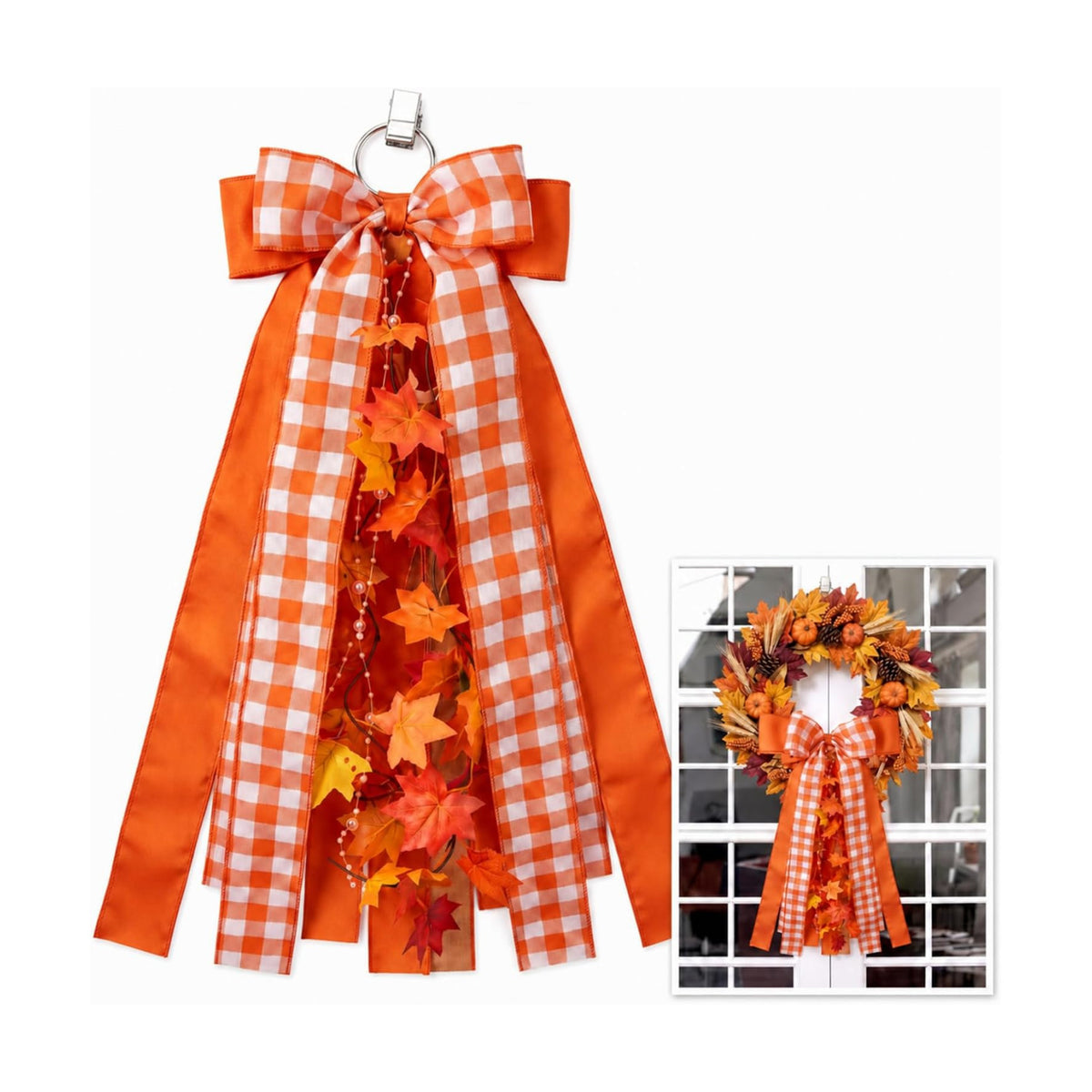 Riceshoot Fall Wreath Bow Orange Plaid Sash for Front Door Maple Leaf