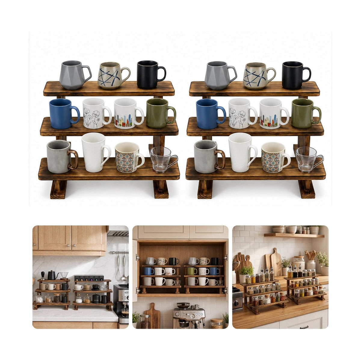 2 Pack 3 Tier Coffee Mug Display Shelf, Wooden Mug Organizer | Mug Display Shelve Coffee Station Organizer Display Rack