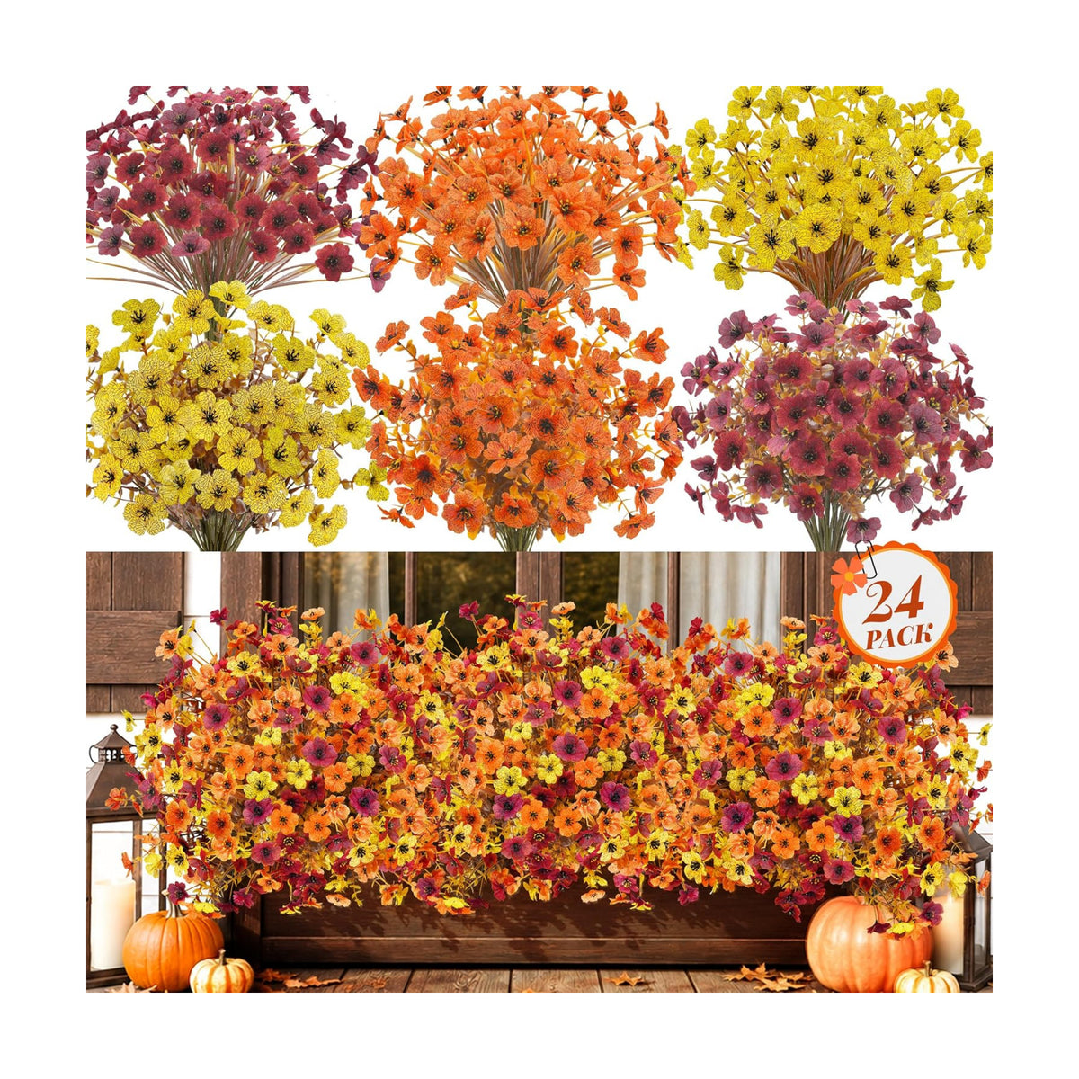 Der Rose 24 PCS Fake Fall Flowers for Outdoors Mums Porch Planter Decor
