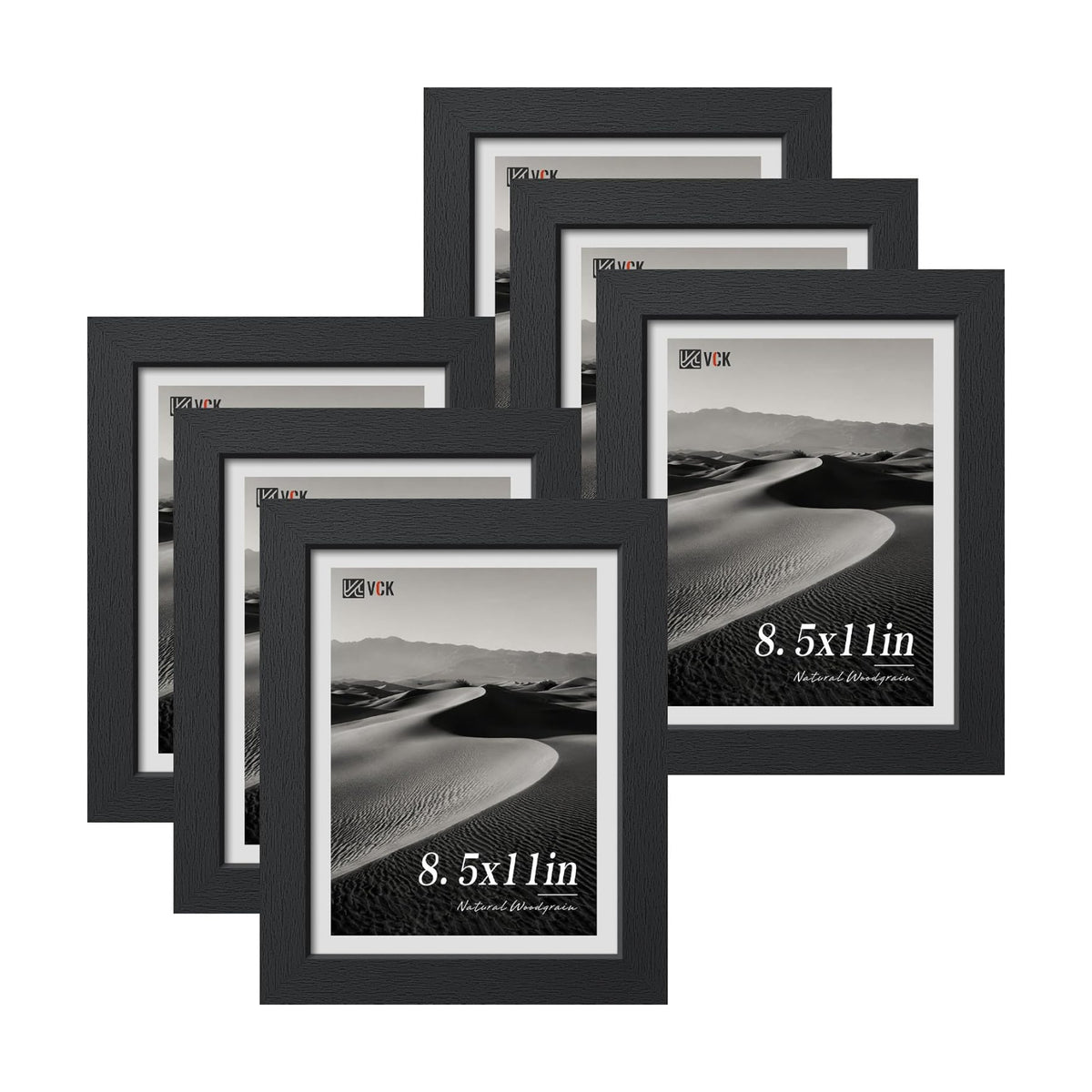 VCK 8.5x11 Picture Frame - 6 Pack, Black Wide Border Wood 11x8.5 Photo Frames, Multi-Directional Display Family Photos