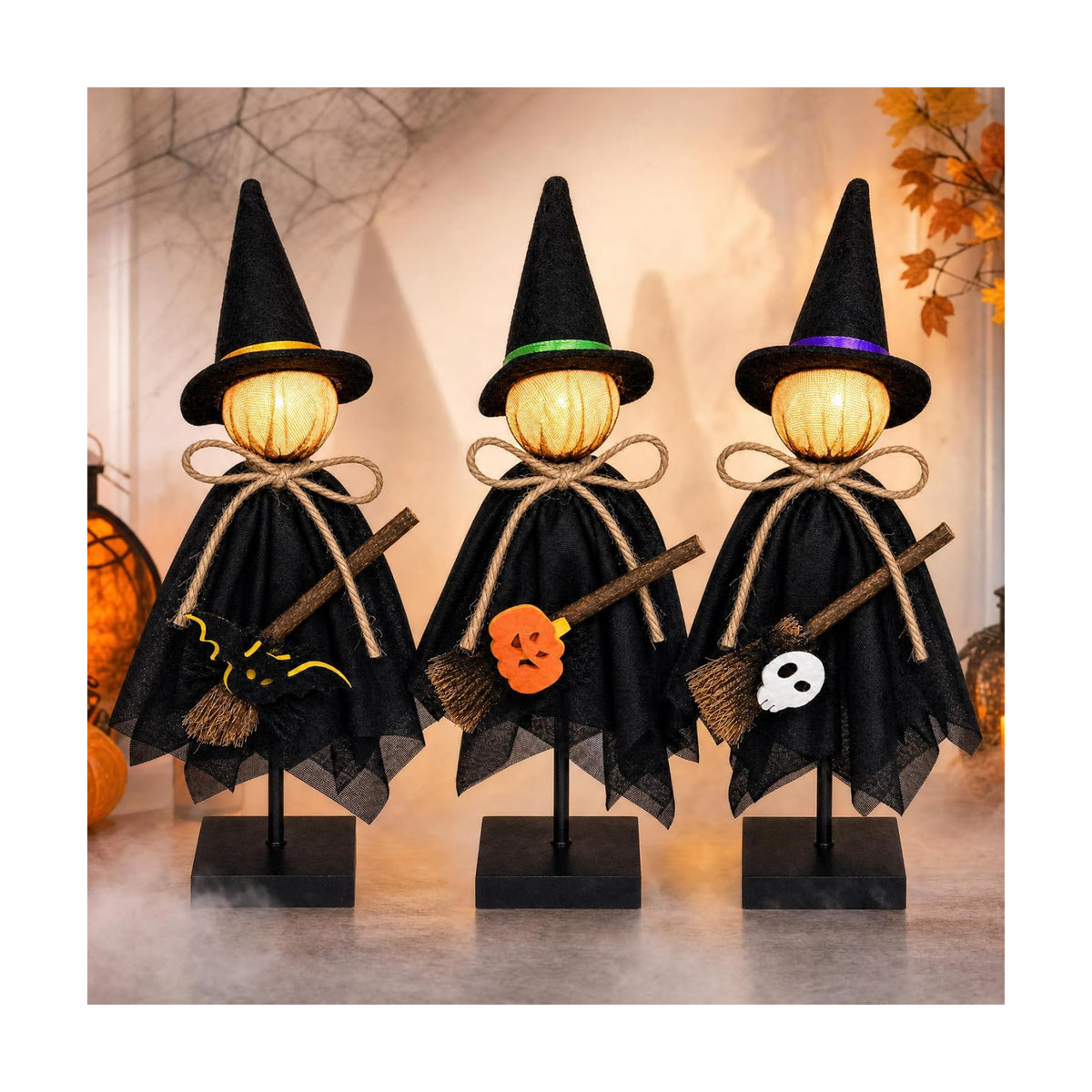 NEROSUN 3 Pcs Lighted Halloween Table Witch Figurines Decor