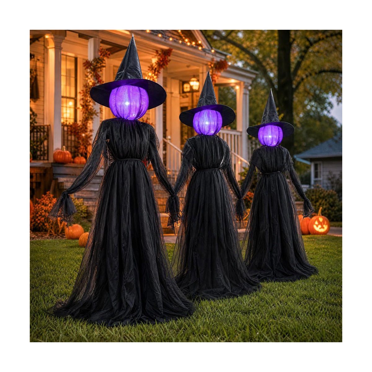 Dazzle Bright Halloween Witch Decorations Outdoor, 5 FT Set of 3 Light Up Head Holding Hands Witch with Stakes, Waterproof Witch Decor for Garden Yard Lawn Haunted House Decor