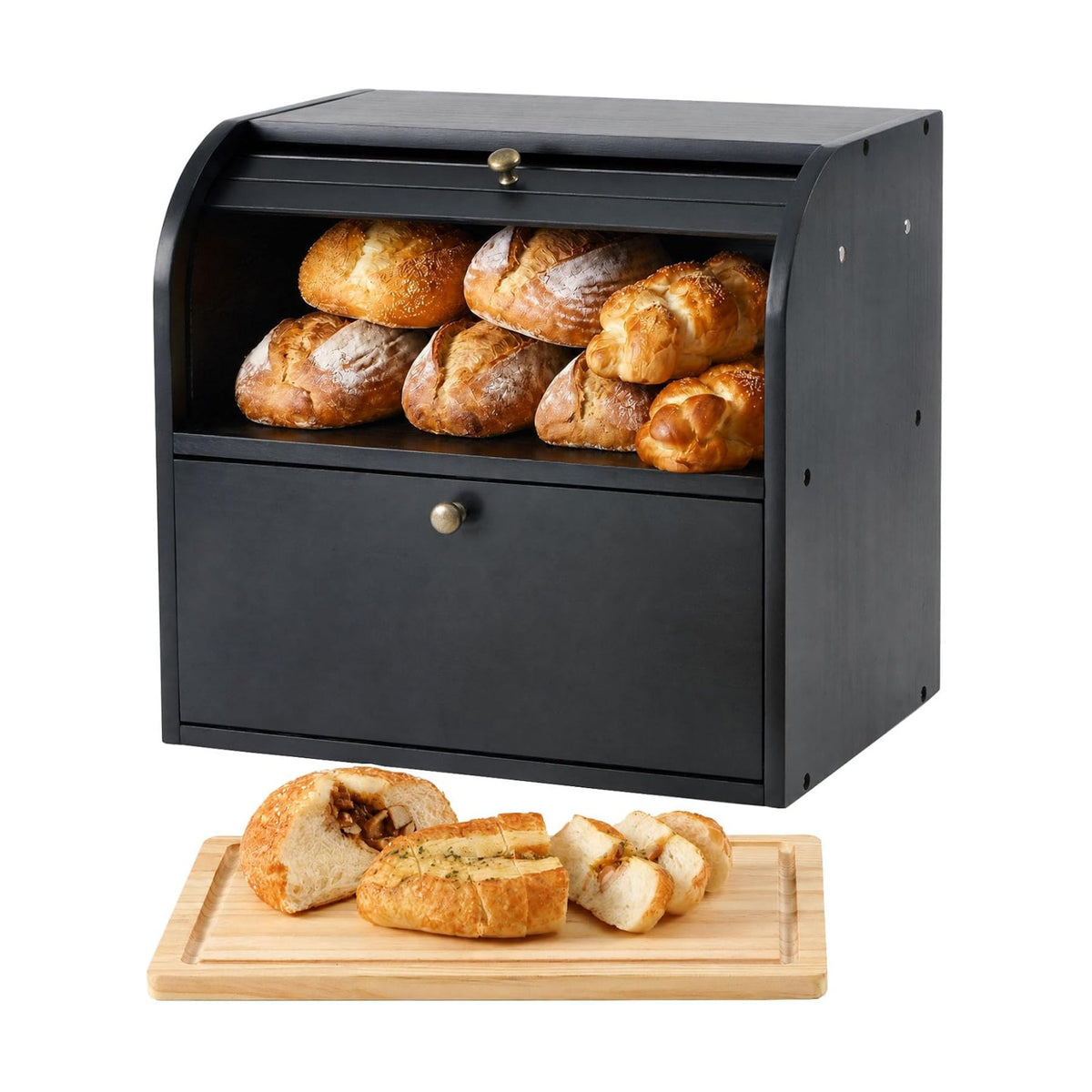 Sunhoo Wooden Bread Box for Kitchen Countertop, Roll Top Breadbox, Black | Large Double Layer Pantry Container, Solid