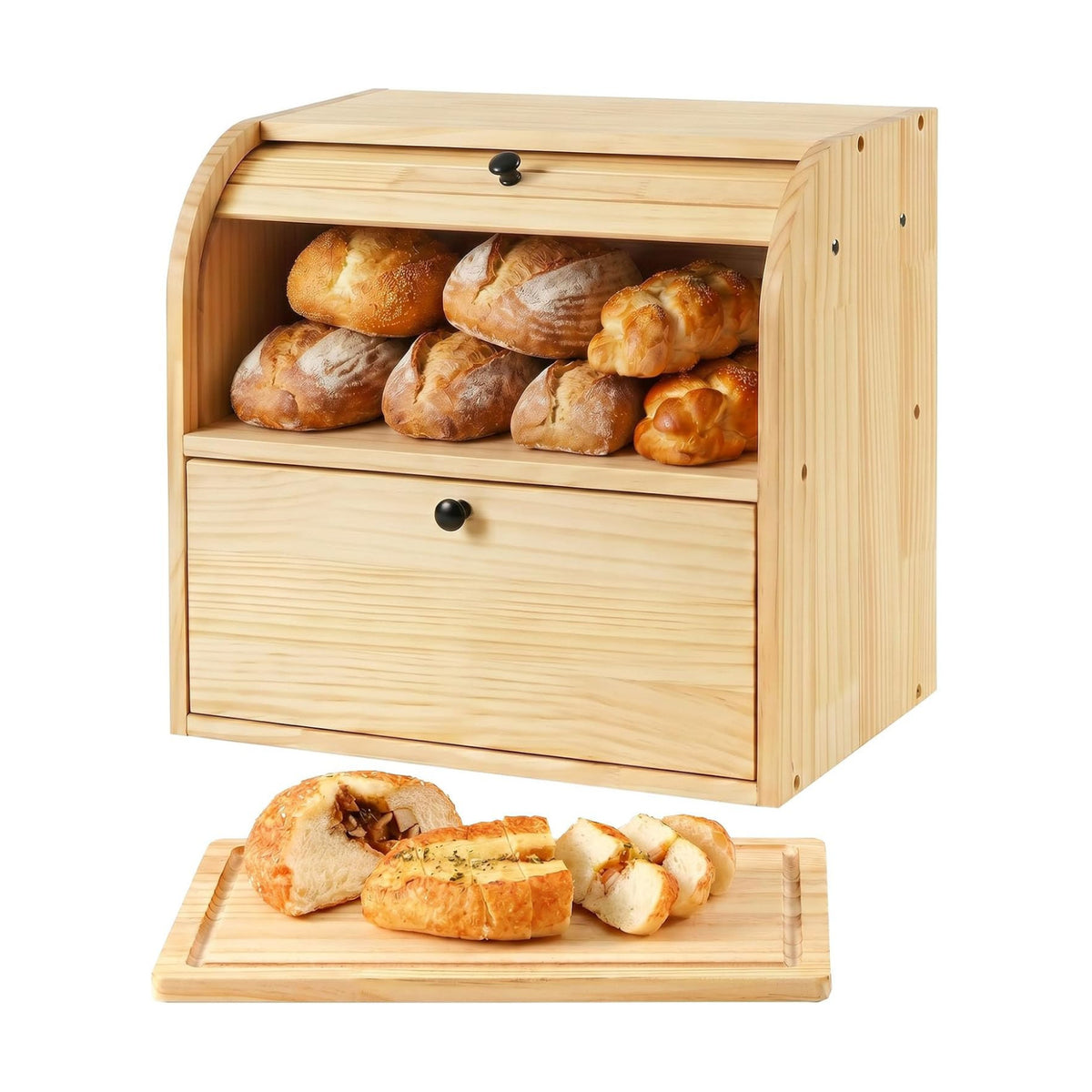 Sunhoo Wooden Bread Box for Kitchen Countertop, Roll Top Breadbox, Natural | Large Double Layer Pantry Container, Solid