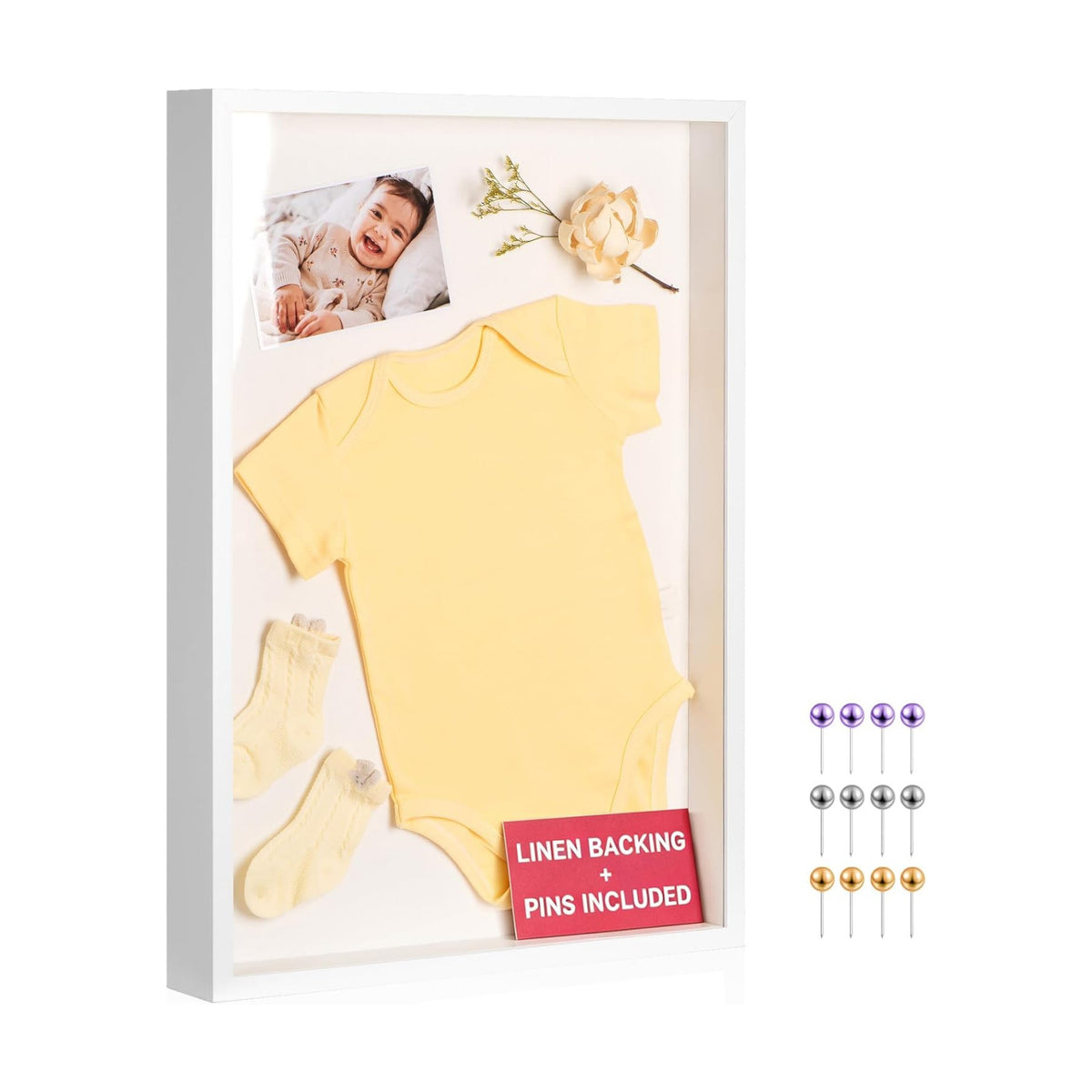 16x20 Large Shadow Box Frame with Thickened Acrylic Panel & Pins | With Push Pins, Deep 1.7" White Shadow Box Display