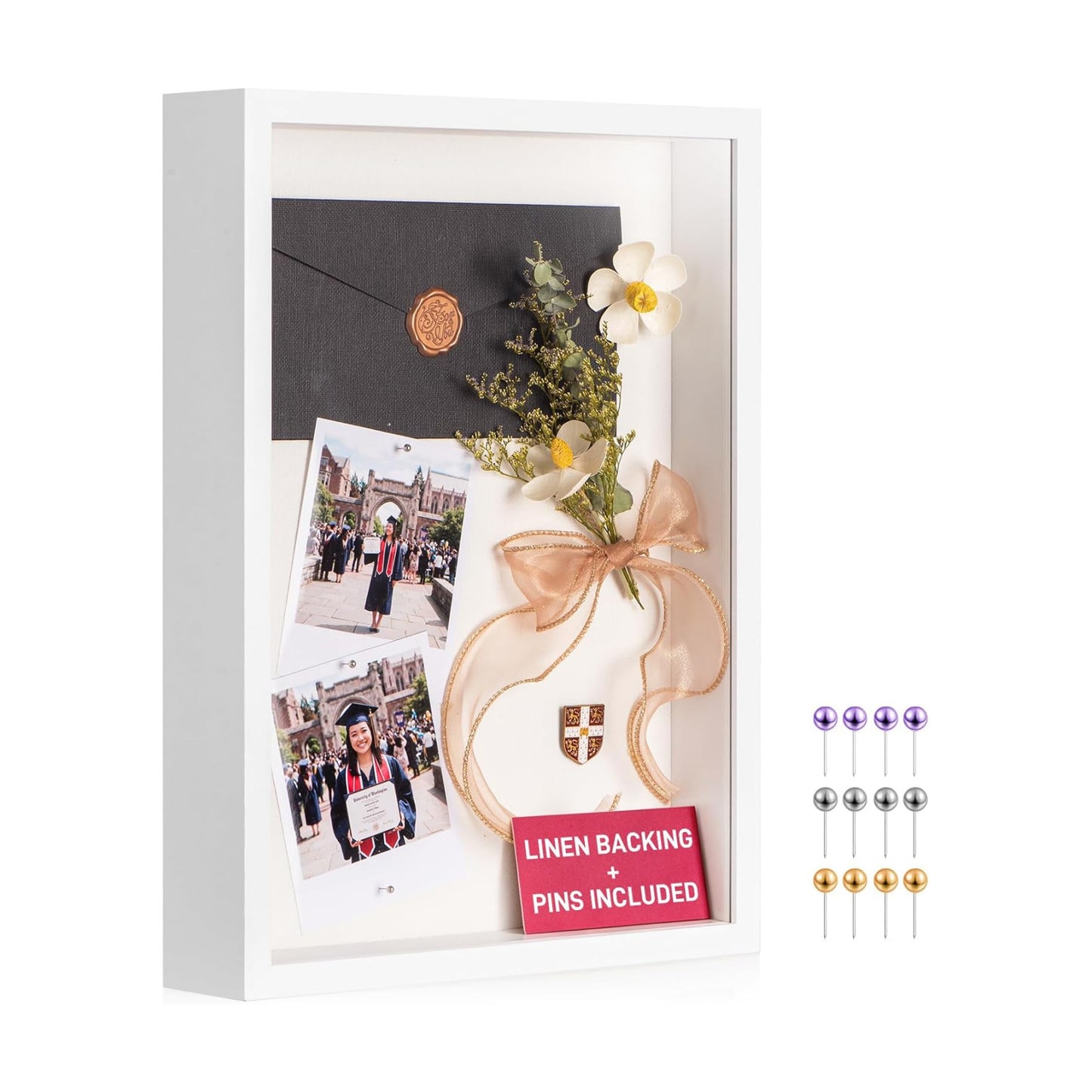 12x16 Large Shadow Box Frame with Thickened Acrylic Panel & Pins | With Push Pins, Deep 1.7" White Shadow Box Display