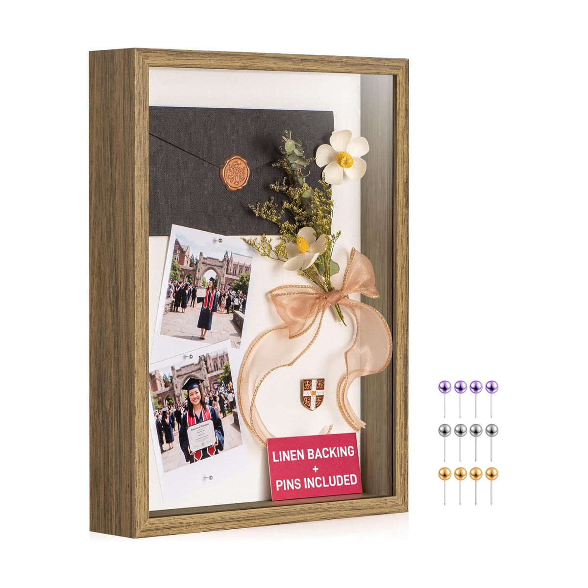 12x16 Large Shadow Box Frame with Thickened Acrylic Panel & Pins | With Push Pins, Deep 1.7" Brown Shadow Box Display