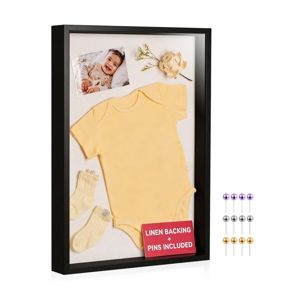 16x20 Large Shadow Box Frame with Thickened Acrylic Panel & Pins | With Push Pins, Deep 1.7" Black Shadow Box Display