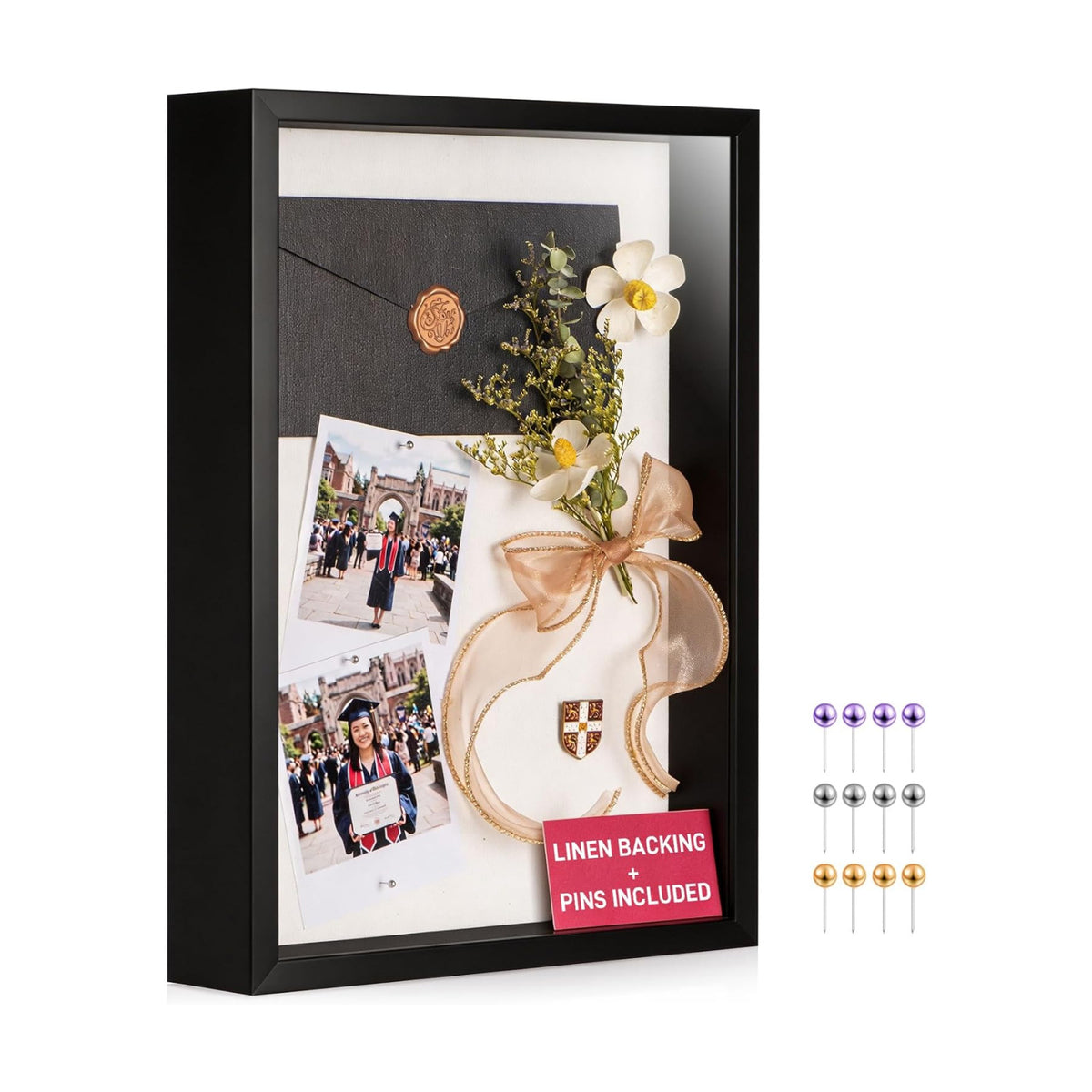 12x16 Large Shadow Box Frame with Thickened Acrylic Panel & Pins | With Push Pins, Deep 1.7" Black Shadow Box Display