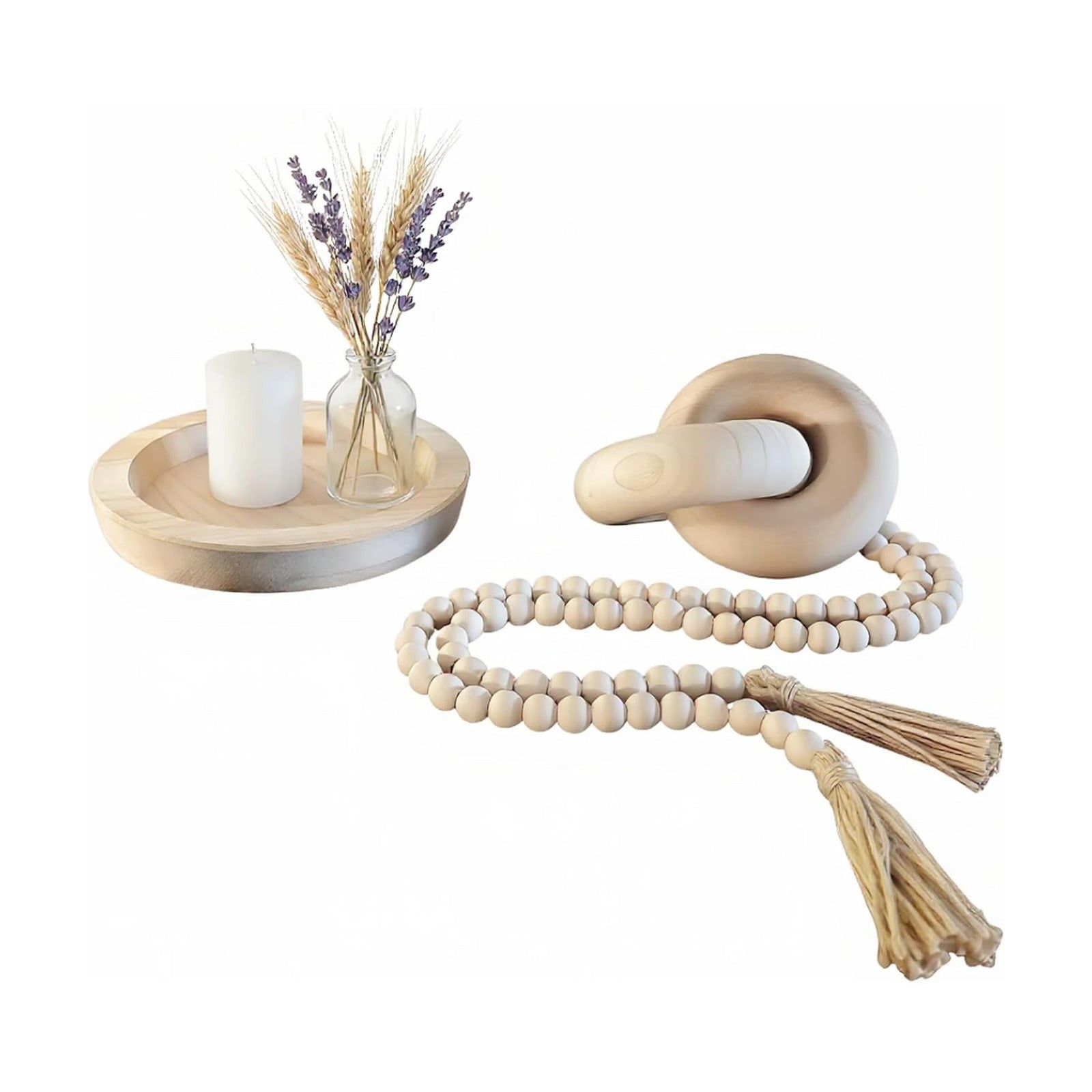 Wooden Tray / Wood Knot Decor & Wood Bead Garland / Set of 3