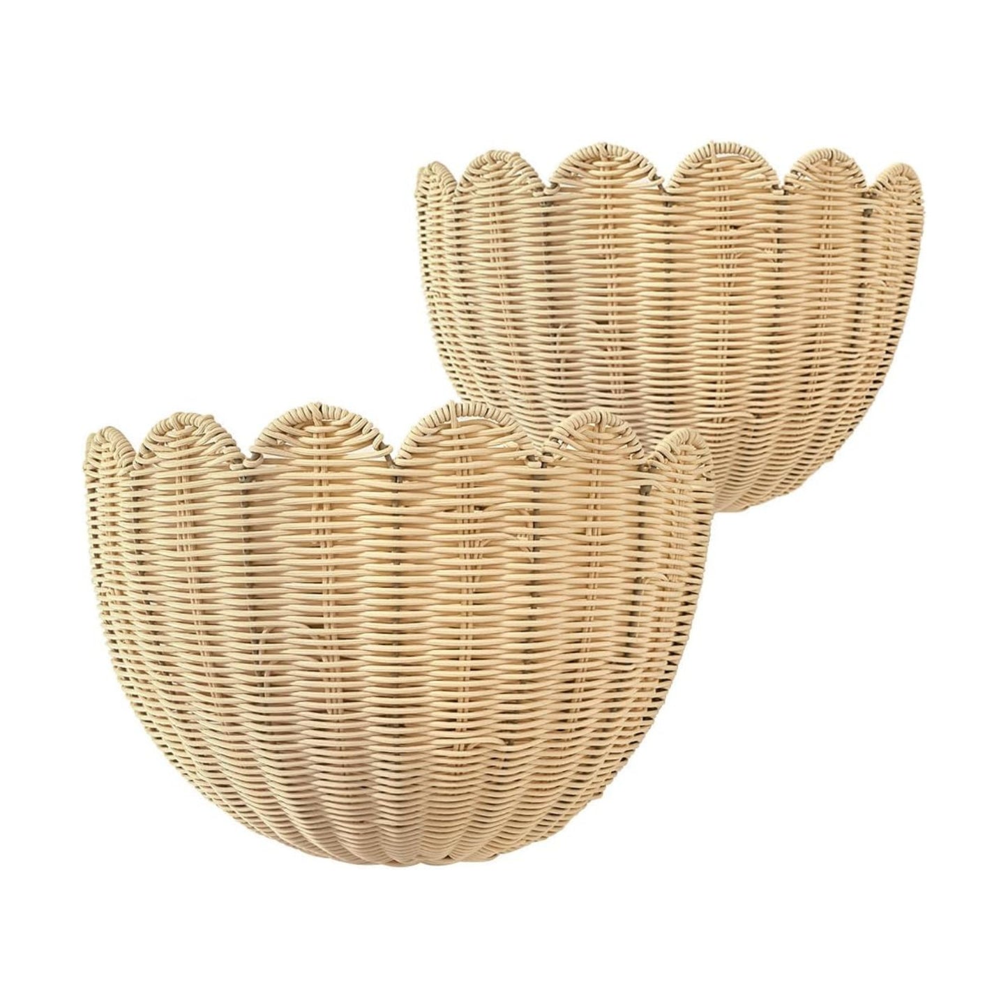 Scalloped Hanging Wicker Baskets / Beige / S+M / Set of 2