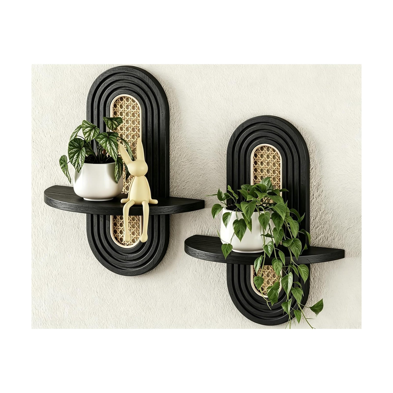 Floating Shelves / Rattan Plant Shelf / Black / Set of 2