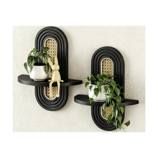 Floating Shelves / Rattan Plant Shelf / Black / Set of 2