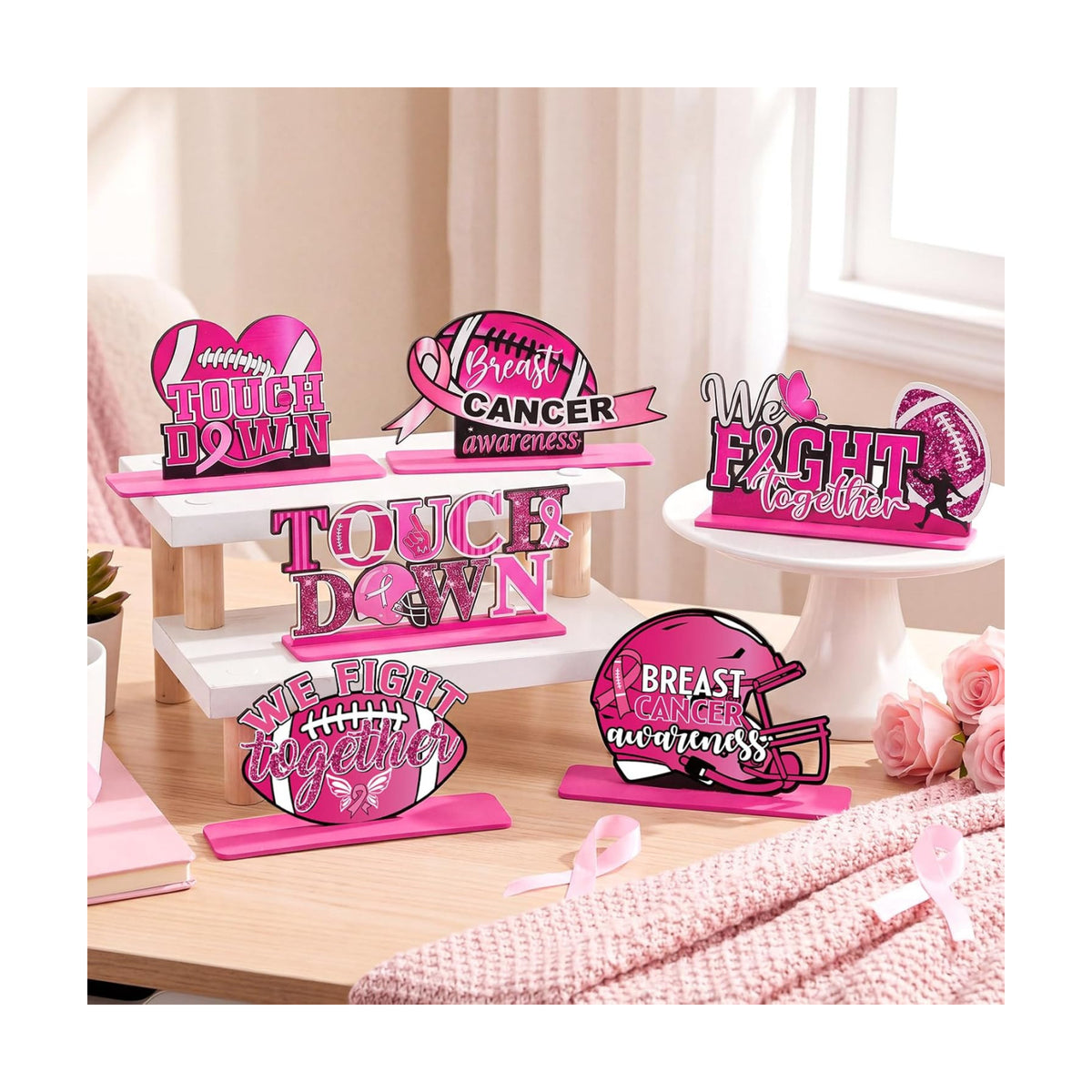 Yalikop 6 Pcs Football Breast Cancer Awareness Table Decorations