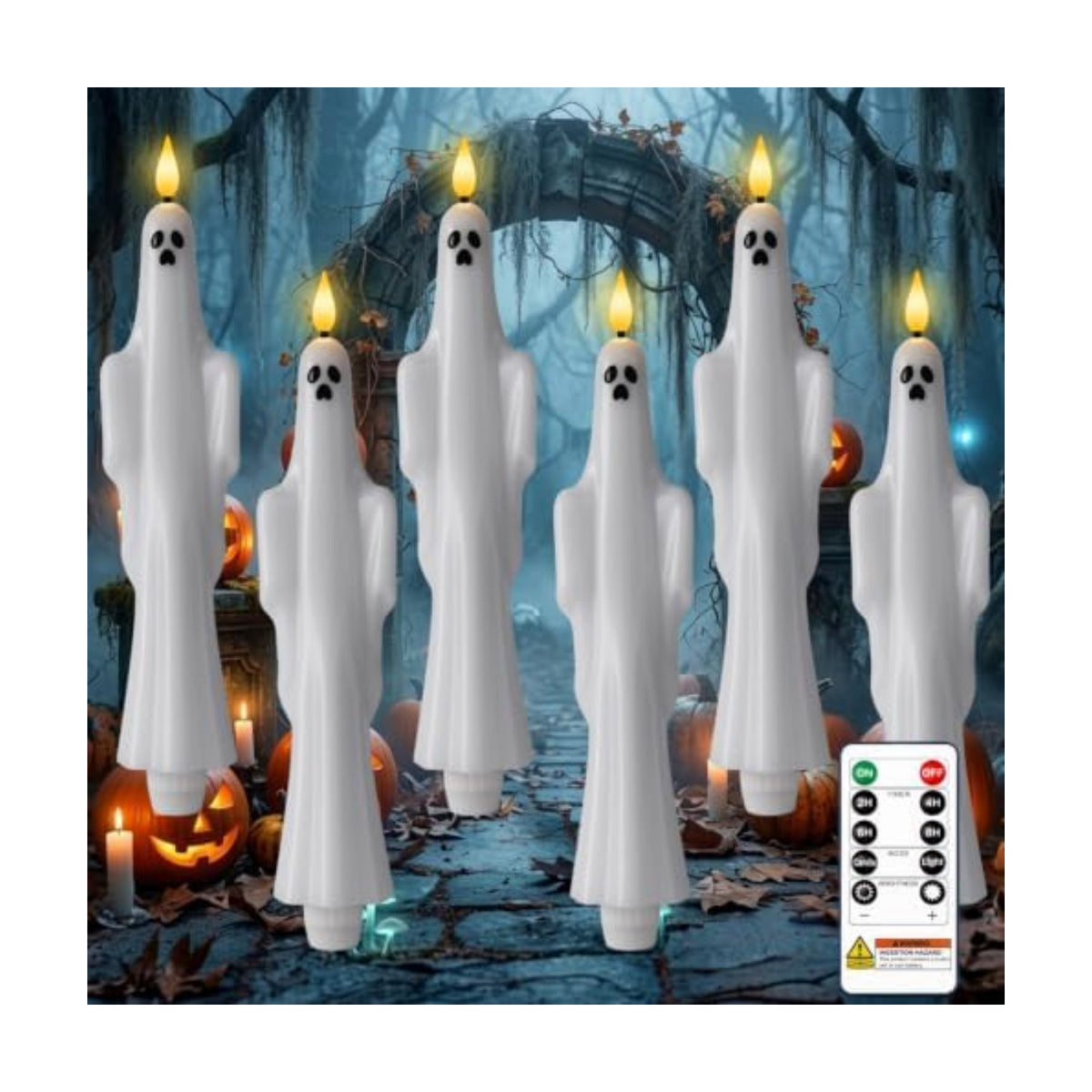 Homemory 6 Pcs Real Wax Ghost Flameless Taper Candles, 3D Wick Flickering Led Candlesticks 9.6 Inch Battery Operated with Remote & Timer, Spooky Halloween Gothic Indoor Decor