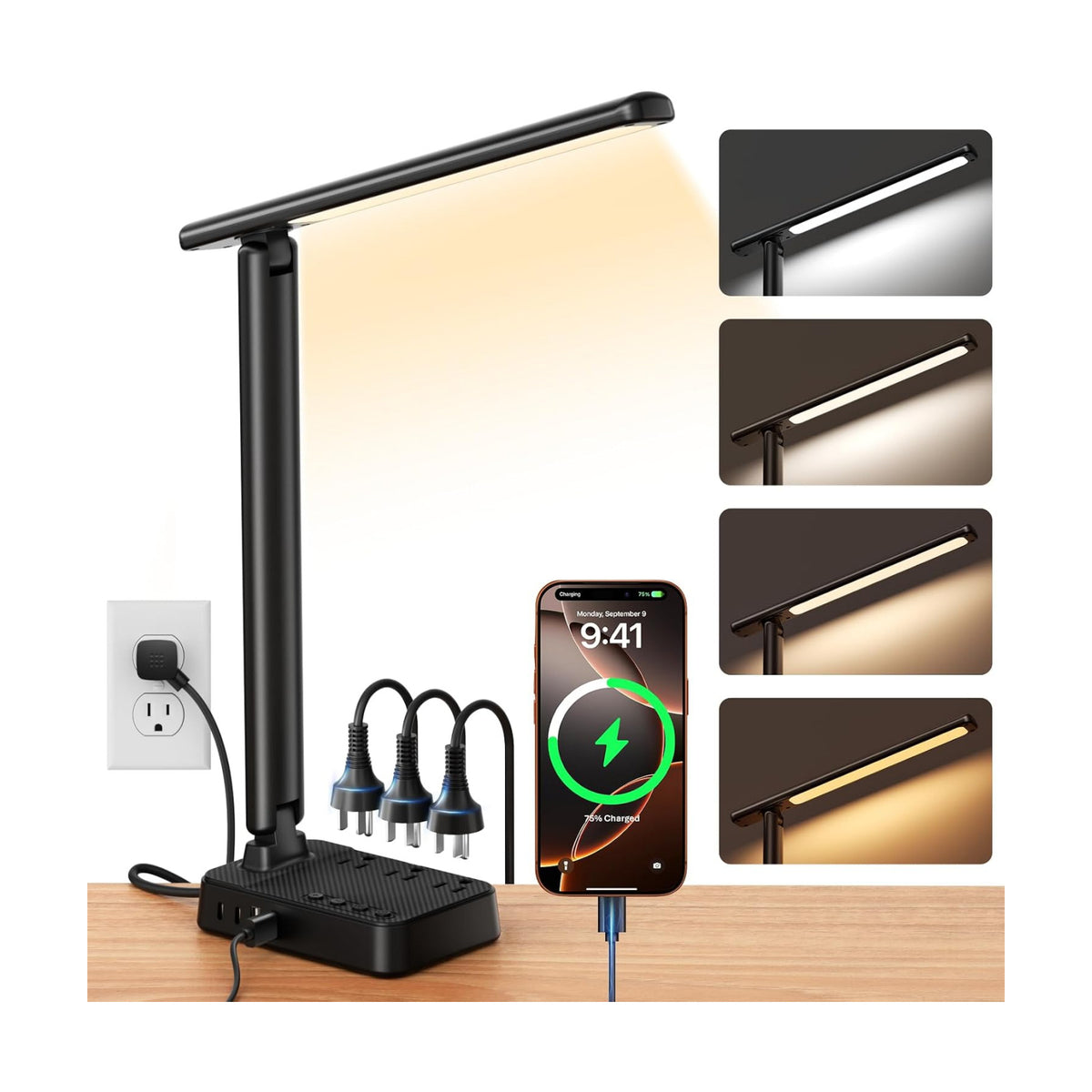 LED Desk Lamp with Power Strip, 3 AC Outlets, 4 USB Ports, Stepless Dimming | 2800K-6500K Color, 2 USB-C, Foldable