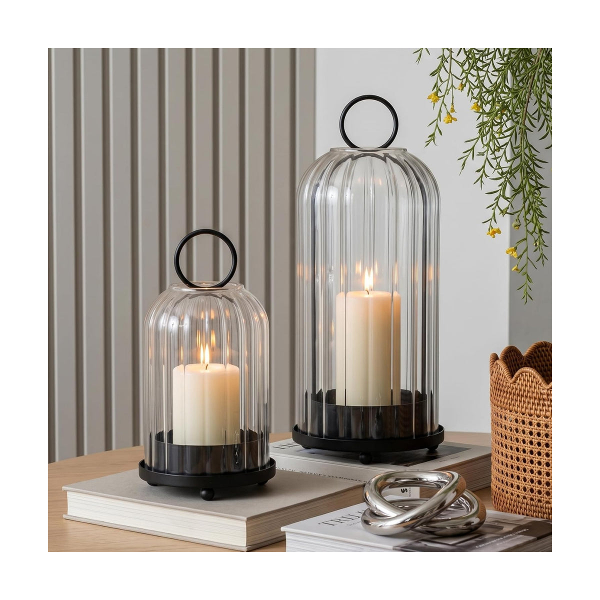 5" & 4" Metal Candle Holder with Ribbed Glass Candle Lanterns Set of 2, Vintage Windproof Hurricane Candle Holders for