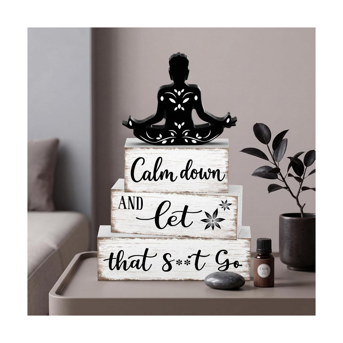 Funny Bathroom Shelf Decor Calm Down and Wooden Block Sign Rustic Farmhouse / Let That Go / Set of 4
