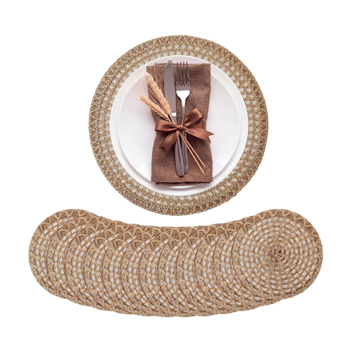 12 Pcs 15 Inch Round Burlap Placemat Boho Jute Woven Charger Bulk Rustic Vintage Natural Brown Heat Resistant Dining