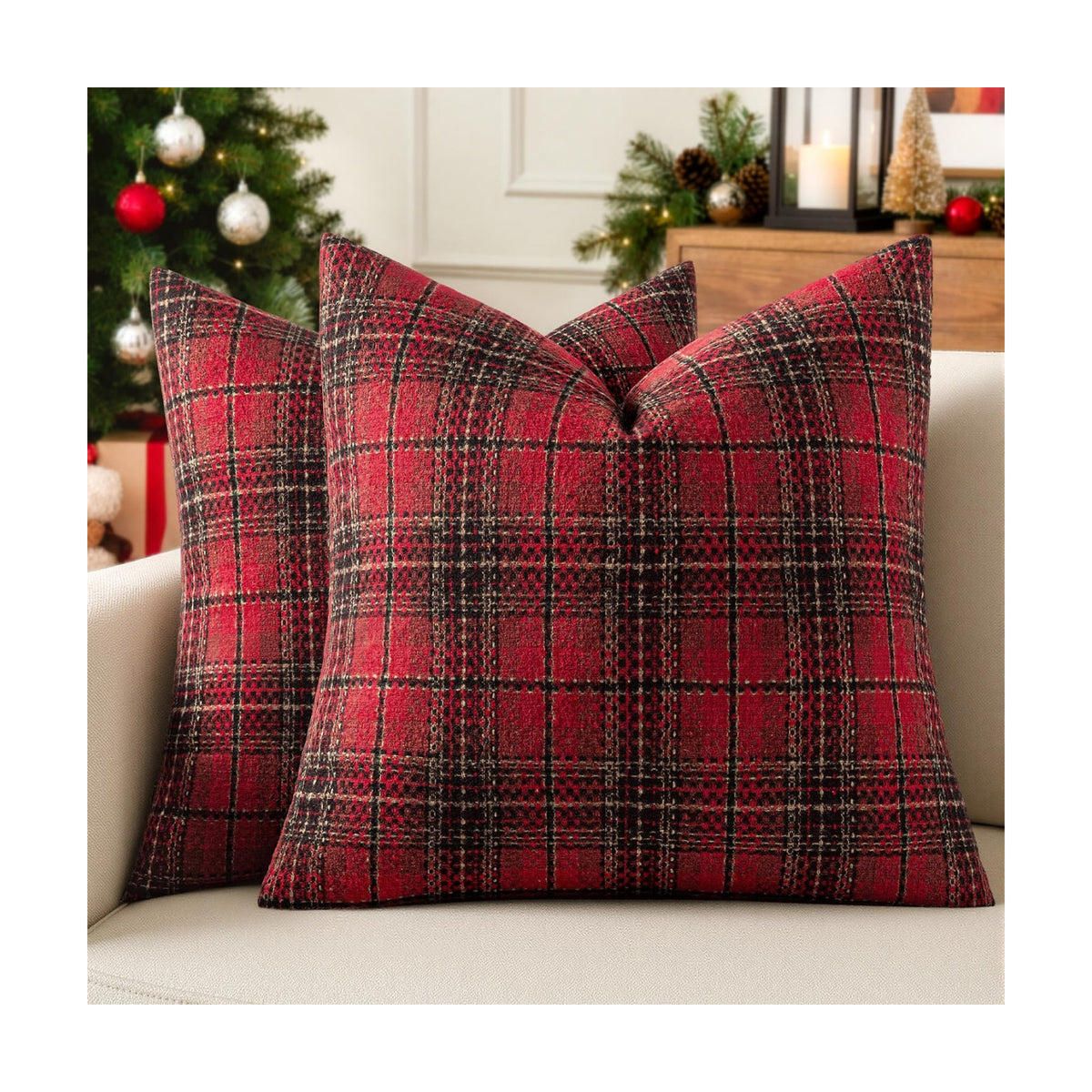 MIULEE Tartan Plaid Throw Pillow Covers Christmas 20x20 Inch Red