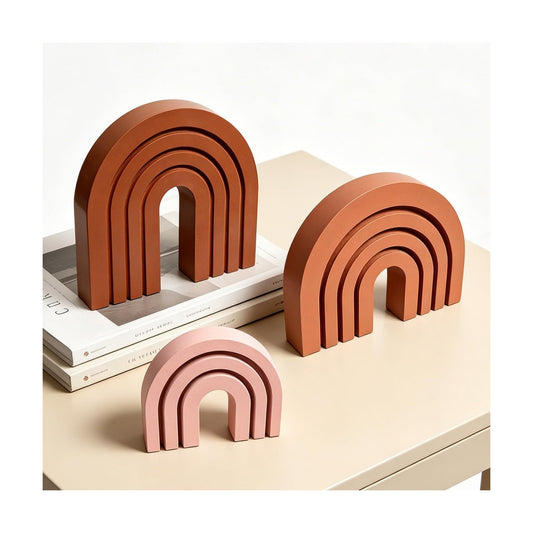 Modern Wooden Rainbow Arch Shelf Table Mantel Bookends / Pink / Set of 3