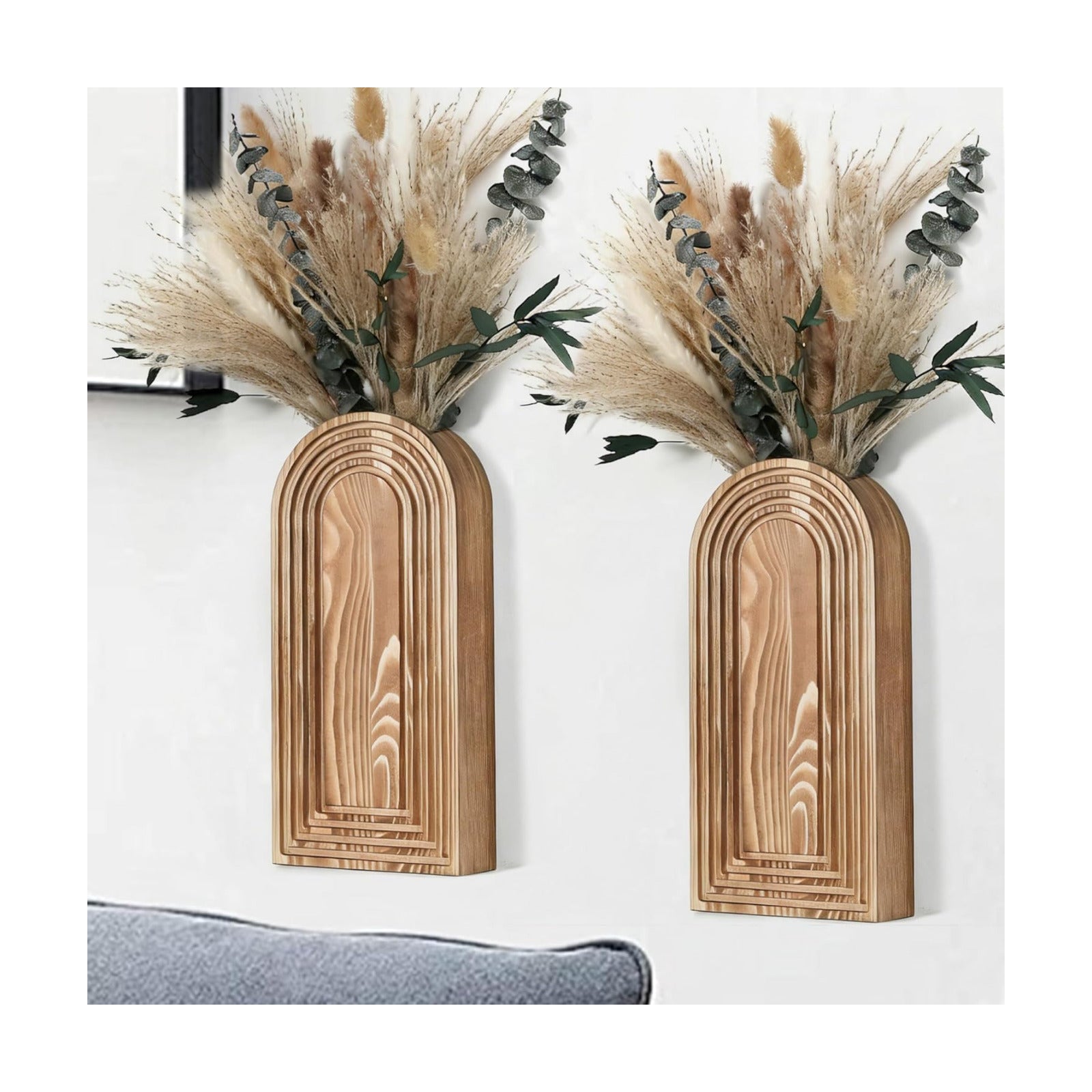 Wooden Wall Vases / Brown+dried Flowers / 2 PC / Set of 2