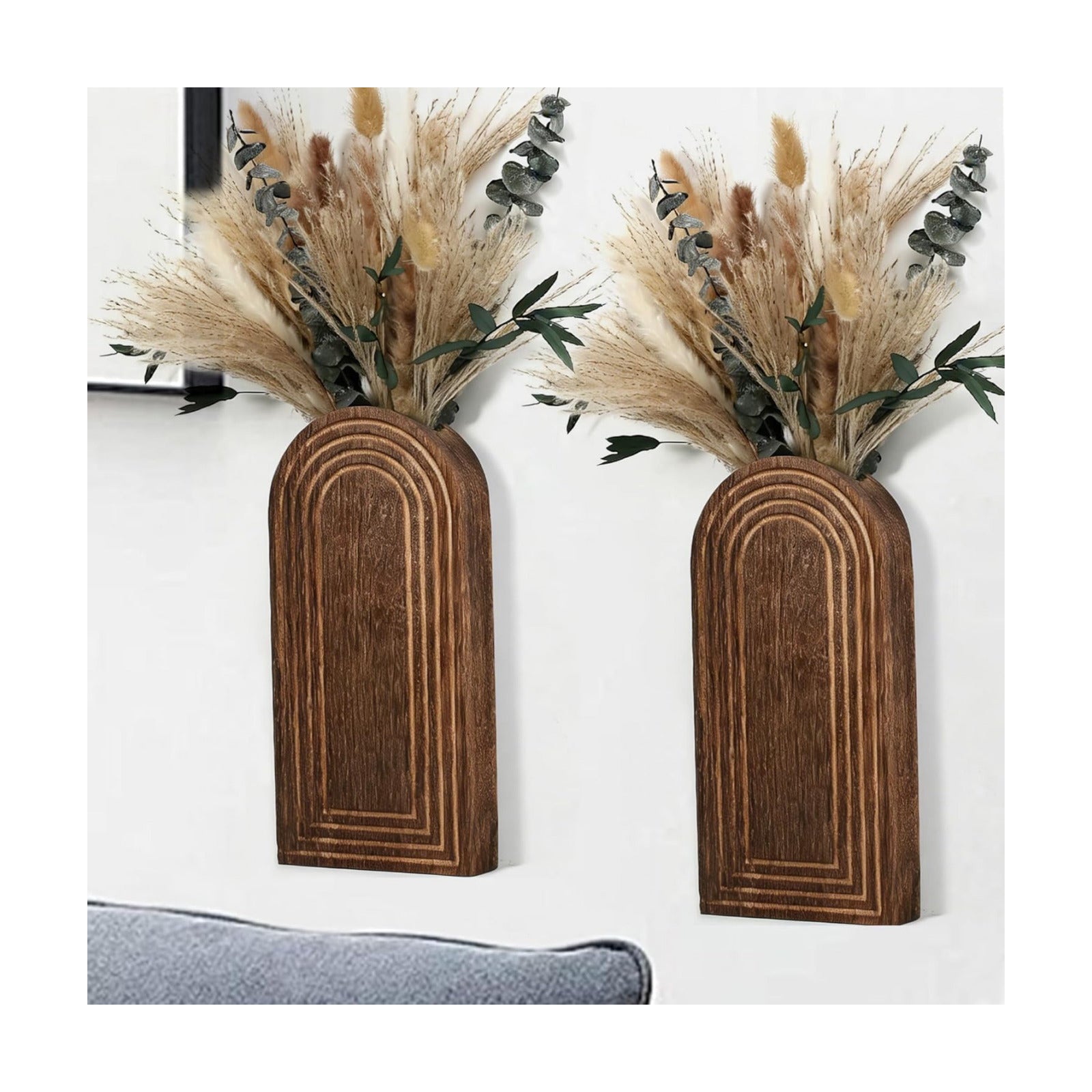 Wooden Wall Vases / Darkbrown+dried Flowers / 2 PC / Set of 2