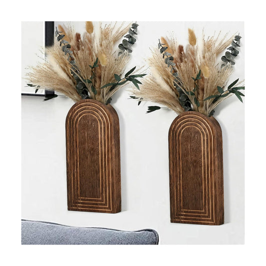 Wooden Wall Vases / Darkbrown+dried Flowers / 2 PC / Set of 2