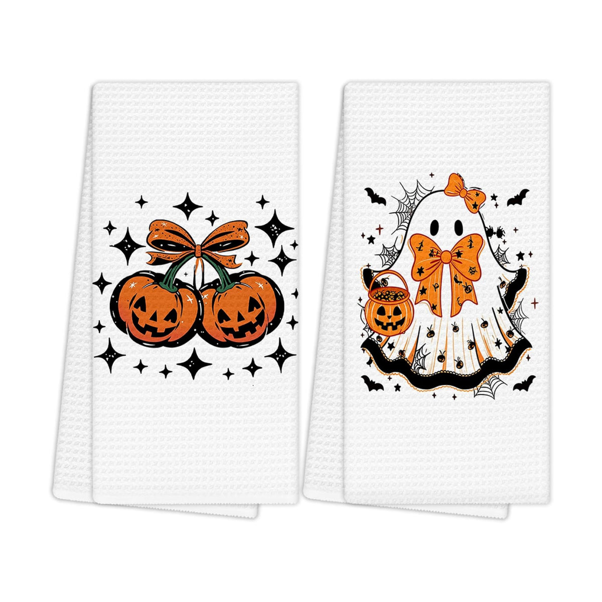 Halloween Pumpkin Fall Kitchen Towels, Coquette Orange Bow Ghost Pumpkin Fall Hand Towels for Bathroom Decor, Preppy Halloween Autumn Dishcloths Dish Towel for Kitchen 16x24 Inches Set of 2