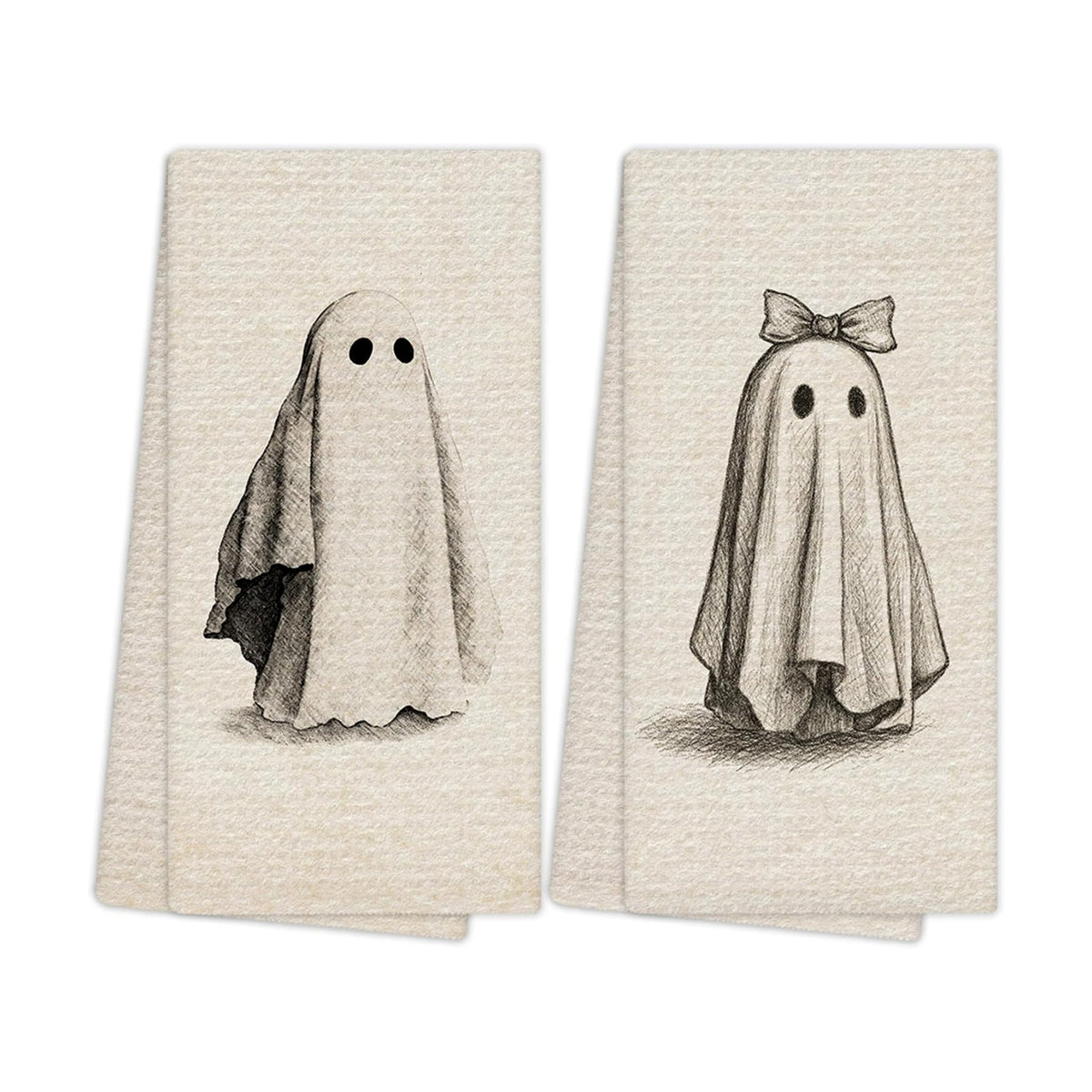 Neutral Halloween Ghost Kitchen Towels, Rustic Farmhouse Halloween Hand Towels for Bathroom Decor, Cute Spooky Ghost Dishcloths Dish Towel for Kitchen 16x24 Inches Set of 2