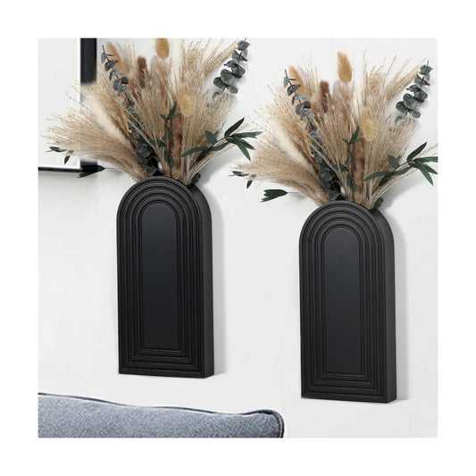 Wooden Wall Vases / Black+dried Flowers / 2 PC / Set of 2