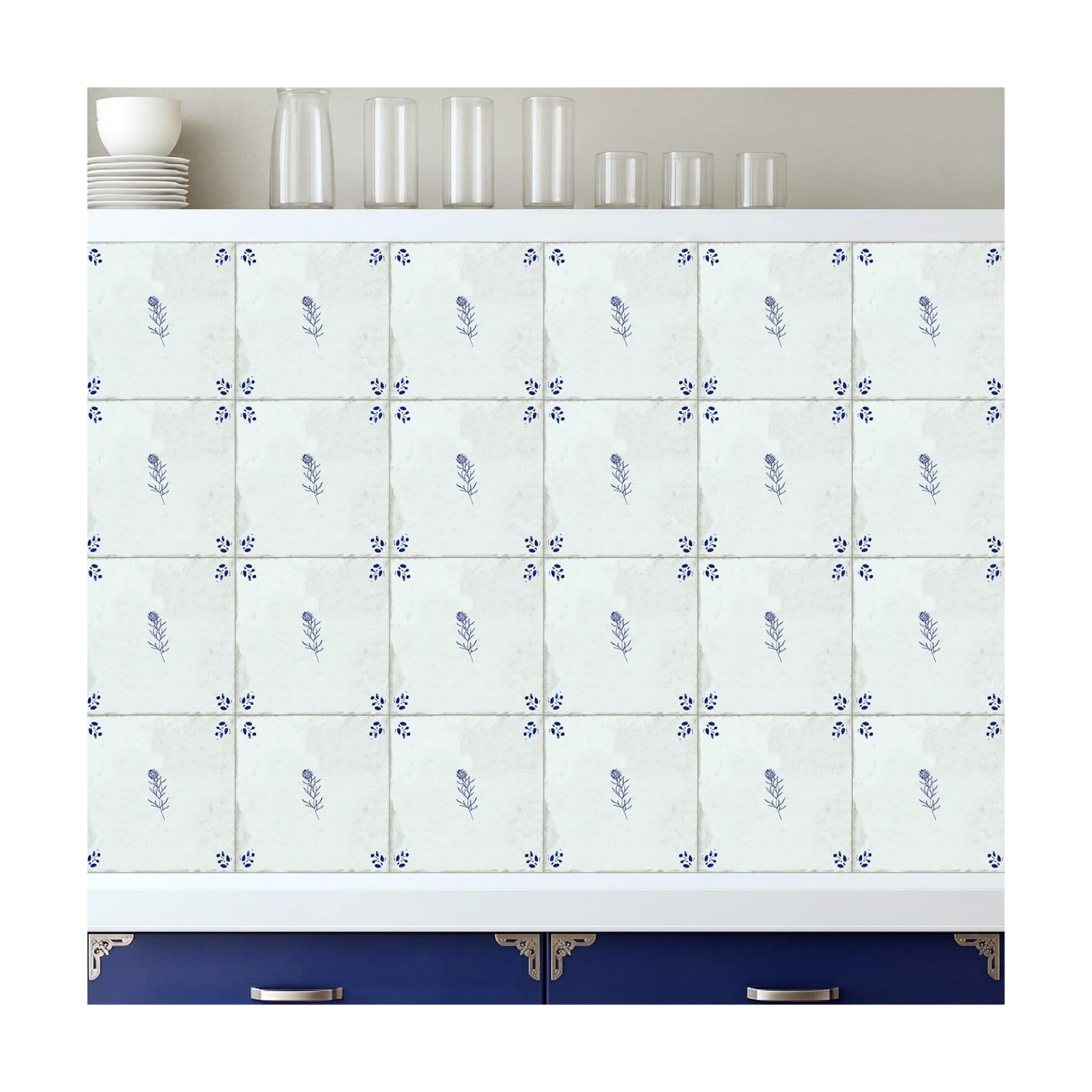 Delft White Flower Tile Stickers Vintage Flower Peel / Delft Flower / Blue / 4 x 4 / Set of 24