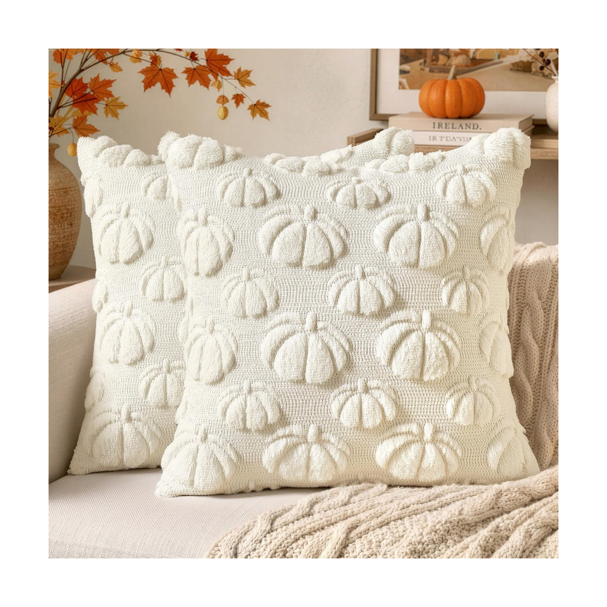 MIULEE Fall Decor Pillow Covers 18x18 Set of 2 Pumpkin Cream White